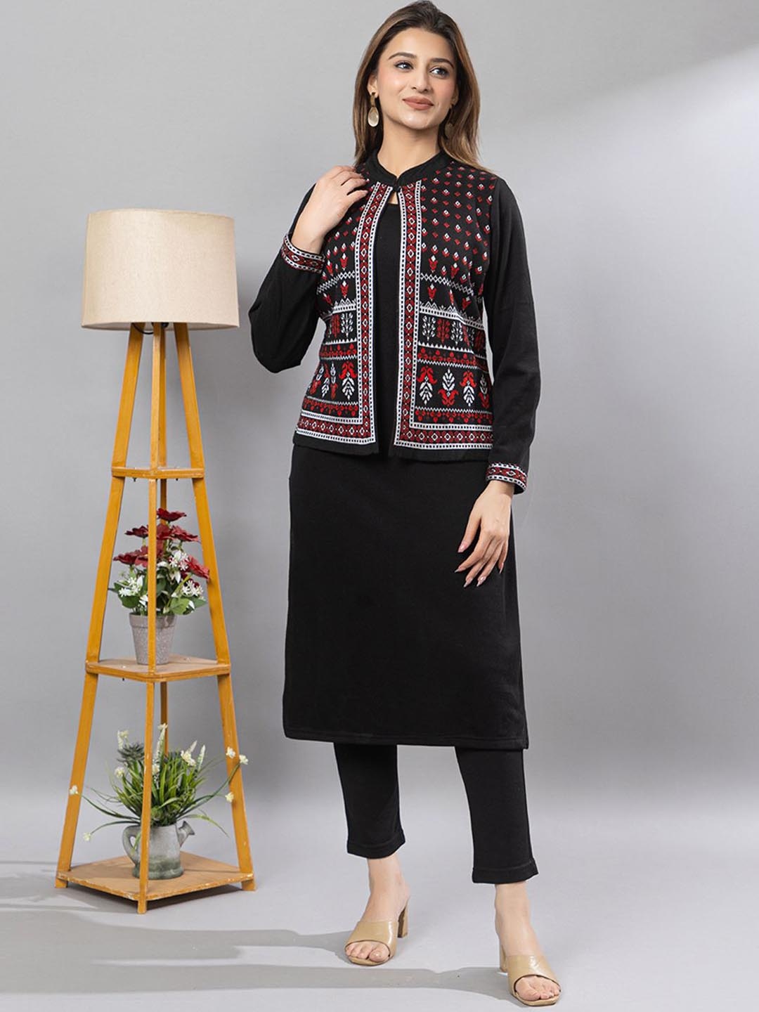 

Anouk Black Ethnic Motifs Woven Design Mandarian Collar Straight Kurta With Trouser