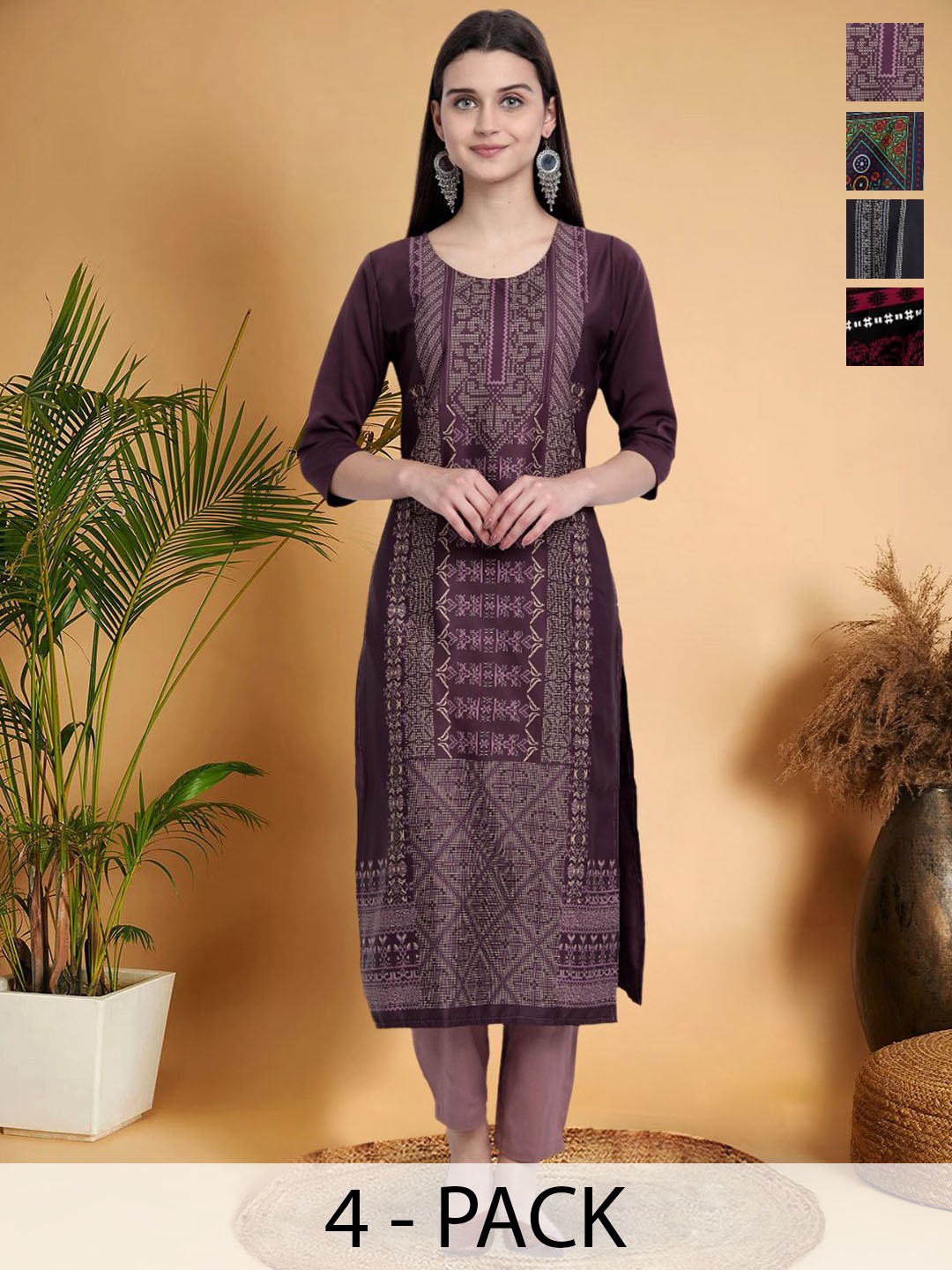 7Threads Selection Of 4 Ethnic Motifs Printed Round Neck Kurtas, Purple