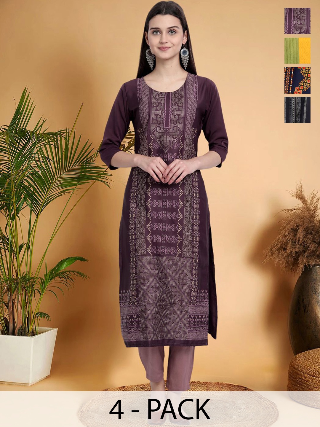 

7Threads Selection Of 4 Ethnic Motifs Printed Round Neck Kurtas, Purple