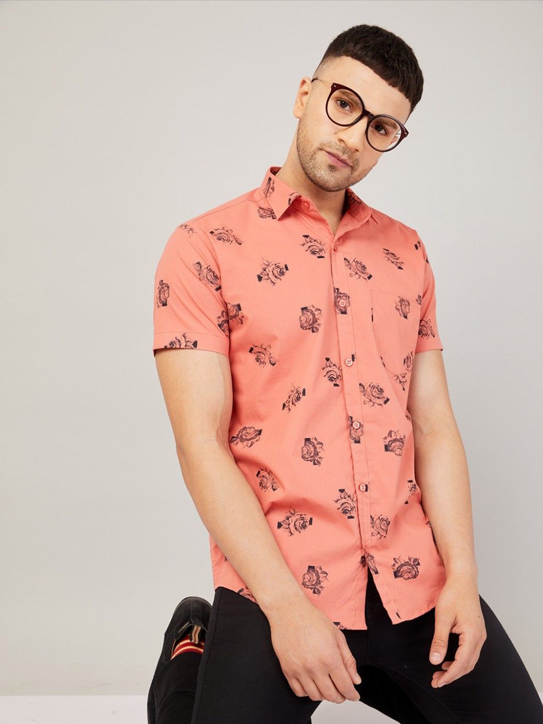

Le Mec Men Spread Collar Floral Printed Cotton Casual Shirt, Orange