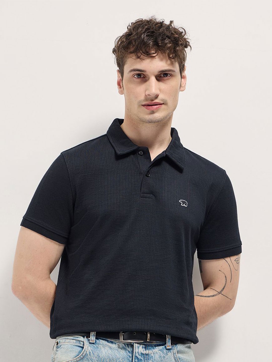 

THE BEAR HOUSE Men Self Design Polo Collar Cotton T-shirt, Black