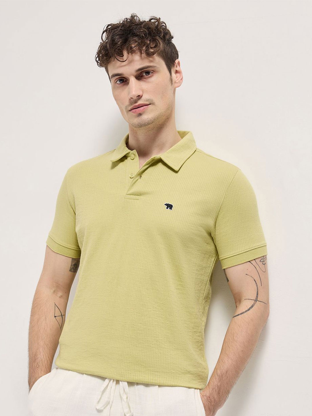 

THE BEAR HOUSE Men Self Design Polo Collar Cotton T-shirt, Yellow