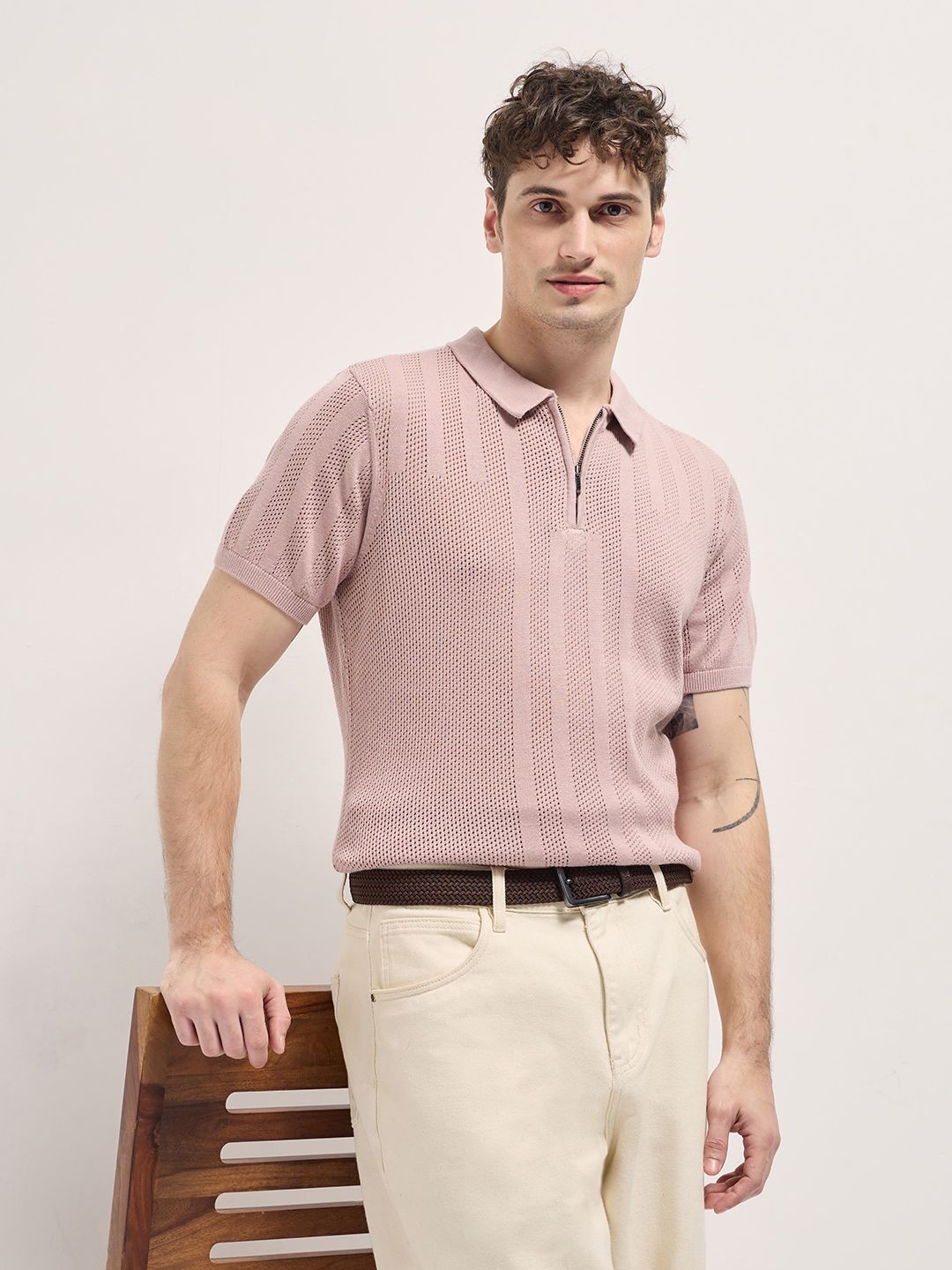 

THE BEAR HOUSE Men Self Design Polo Collar Cotton T-shirt, Mauve