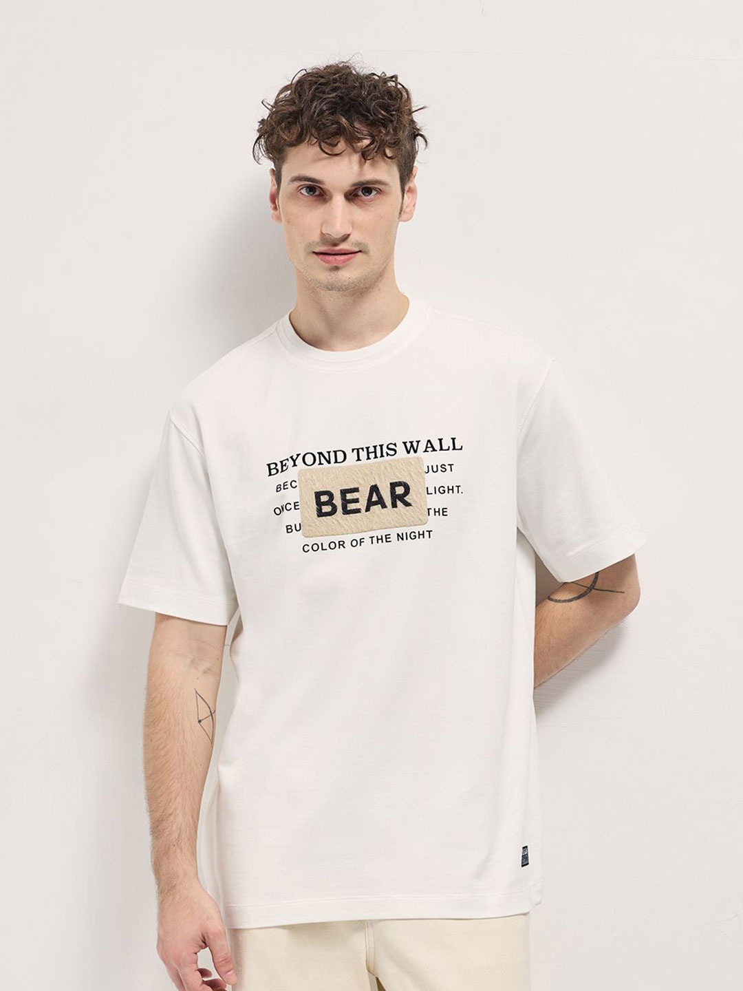 

THE BEAR HOUSE Men Typography Printed Round Neck Cotton Oversized T-shirt, White