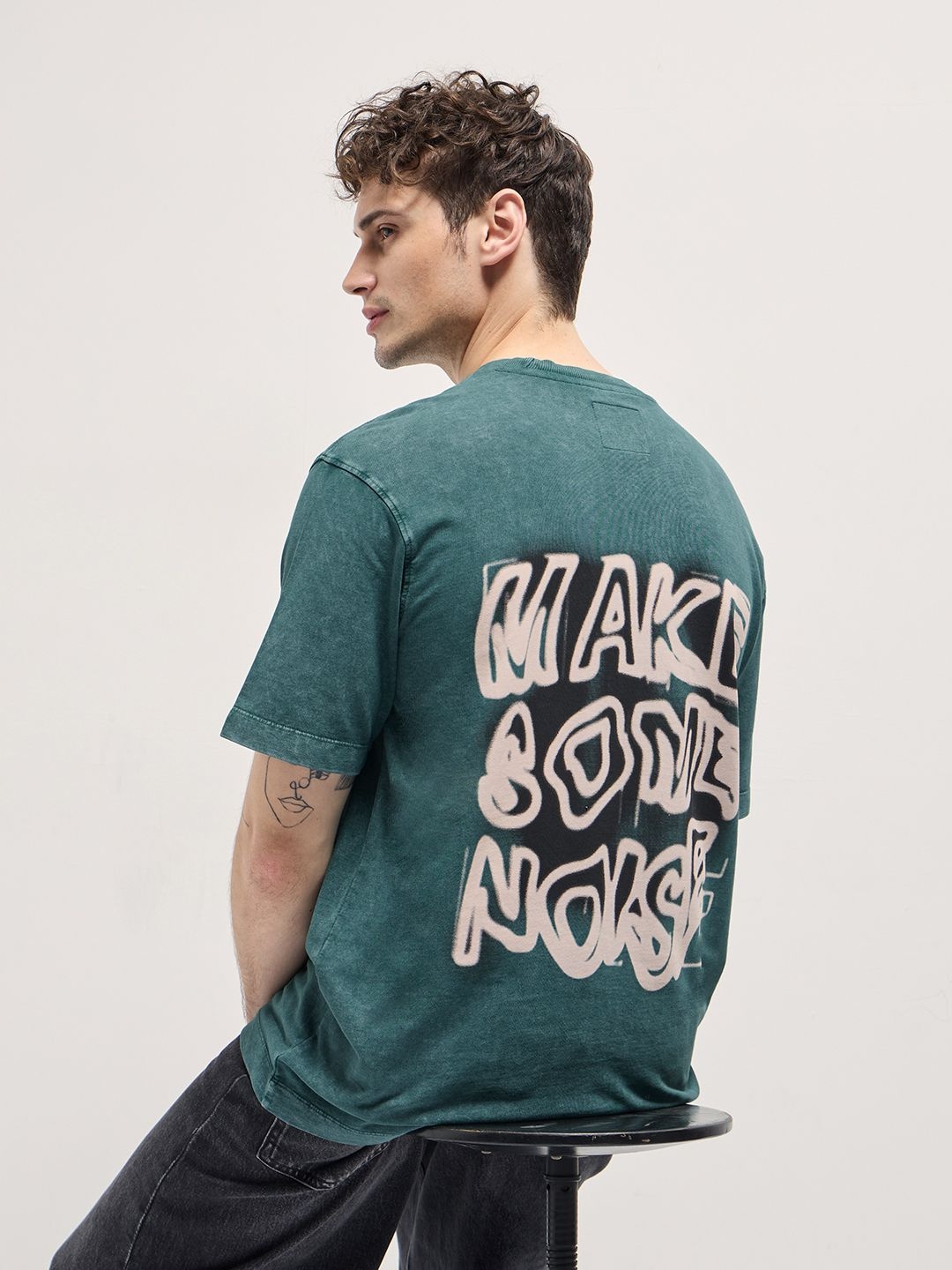 

THE BEAR HOUSE Men Typography Printed Round Neck Cotton Oversized T-shirt, Green