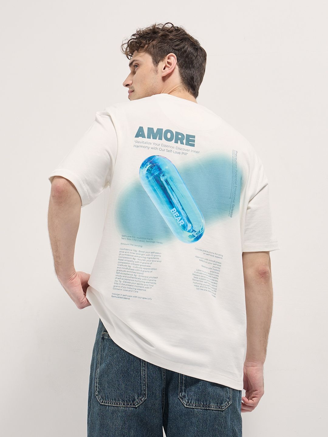 

THE BEAR HOUSE Men Graphic Printed Round Neck Cotton Oversized T-shirt, White