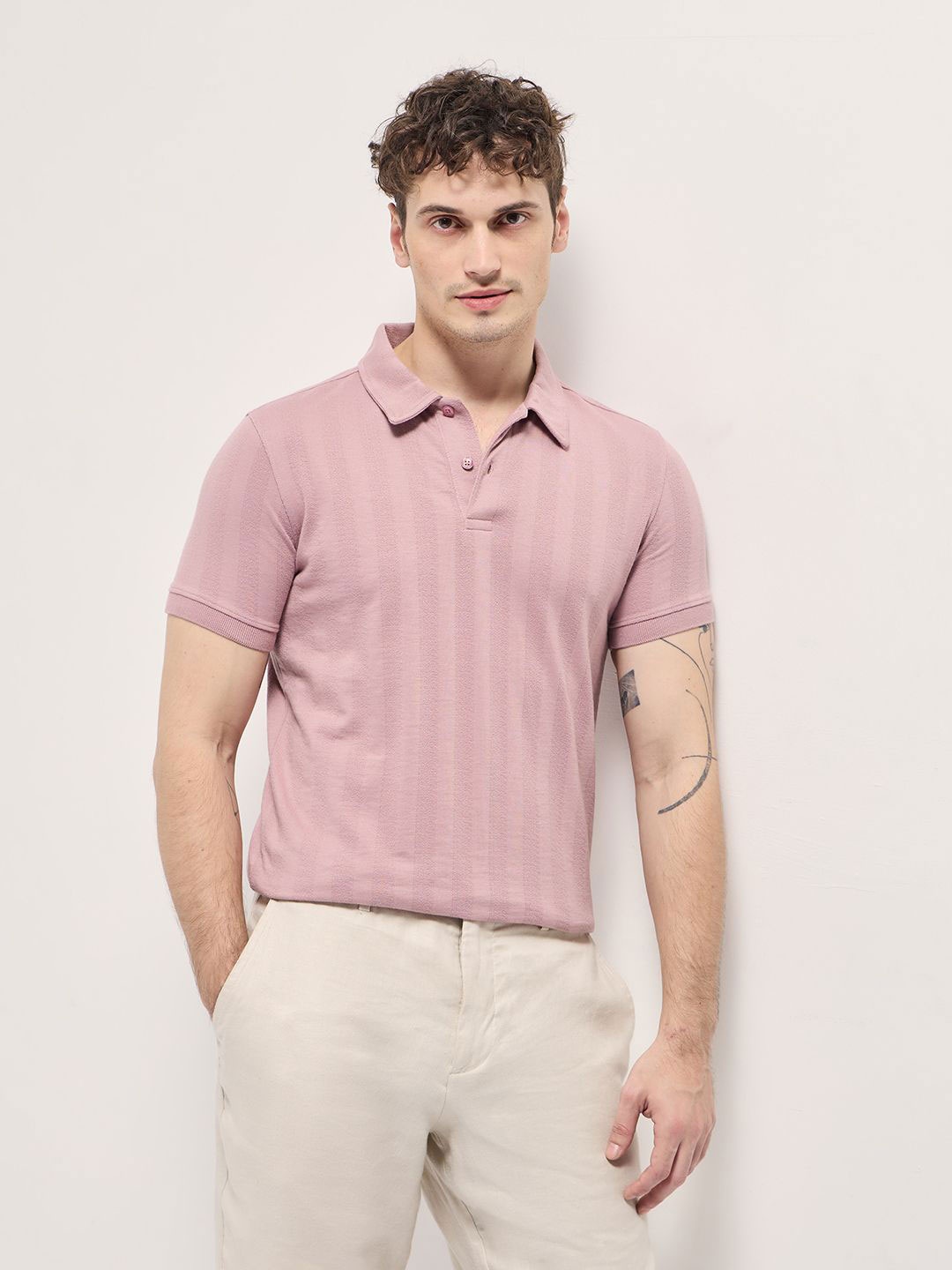 

THE BEAR HOUSE Men Self Design Polo Collar Cotton T-shirt, Mauve