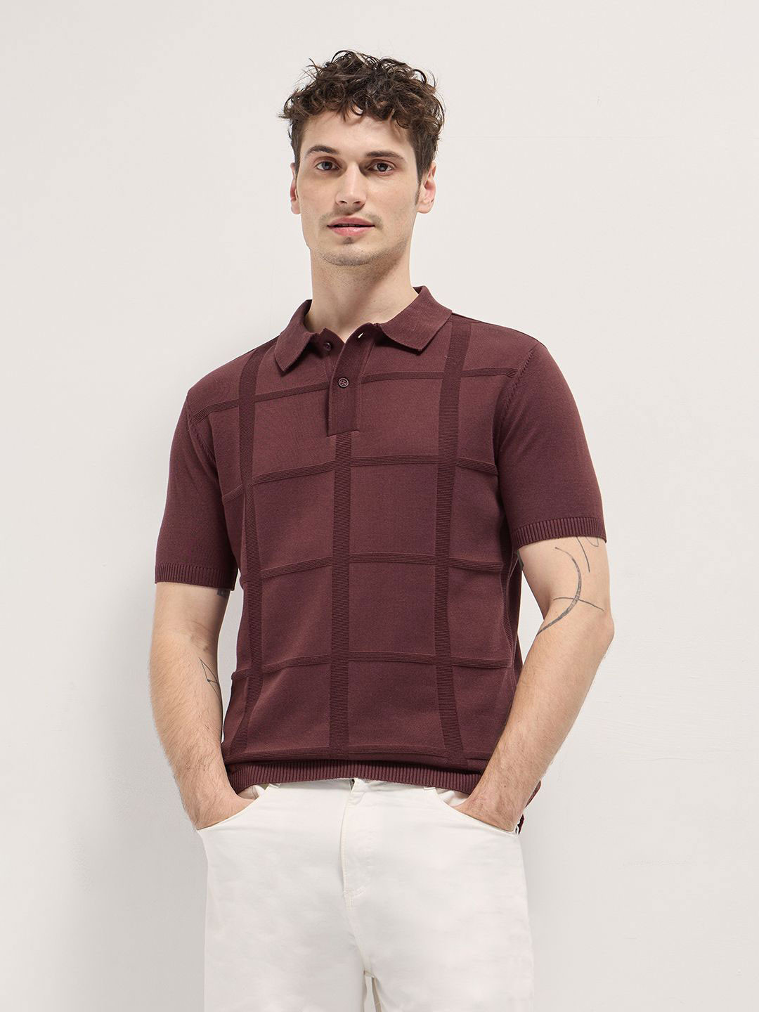 

THE BEAR HOUSE Men Self Design Polo Collar Cotton T-shirt, Maroon