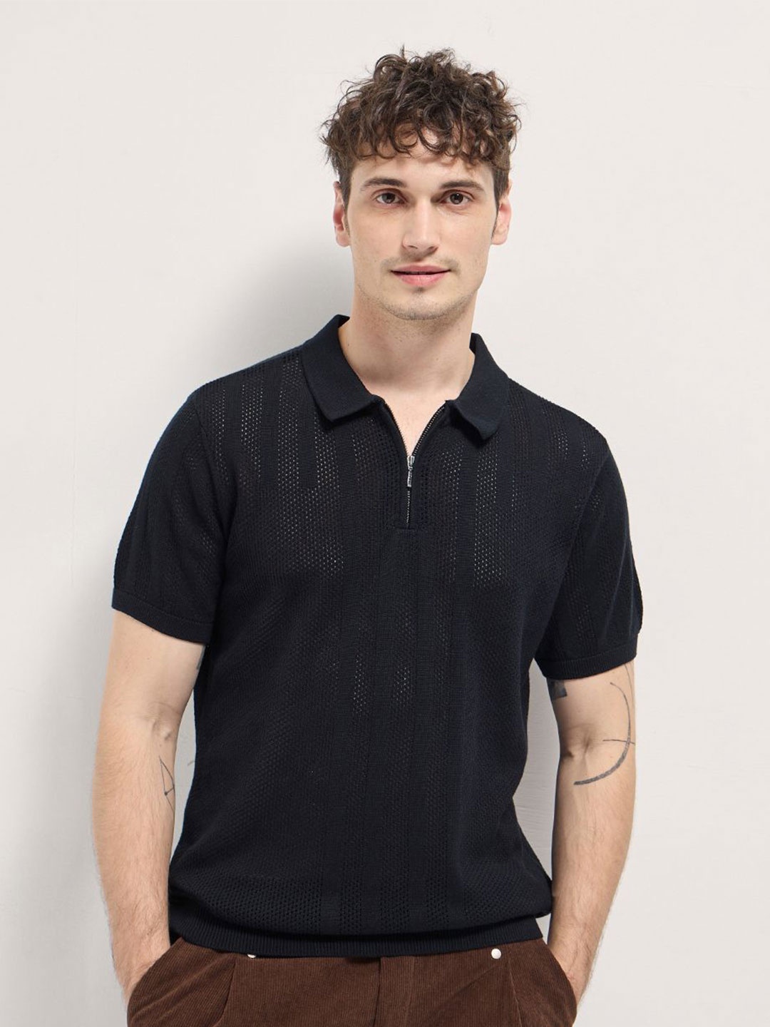 

THE BEAR HOUSE Men Self Design Polo Collar Cotton T-shirt, Black