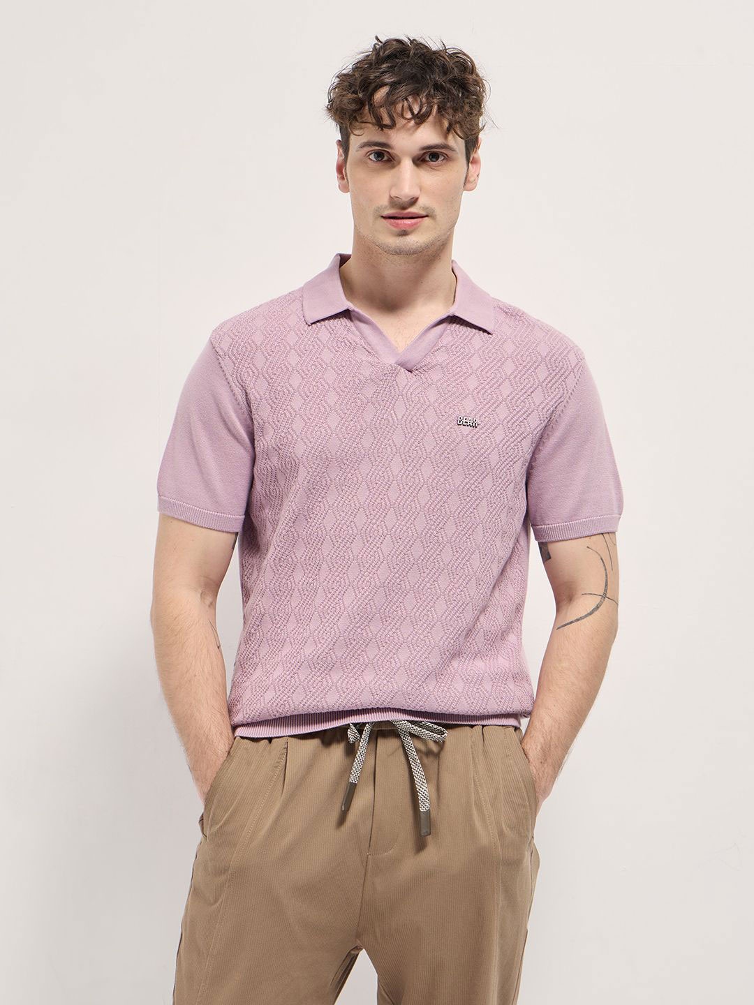

THE BEAR HOUSE Men Self Design Polo Collar Cotton T-shirt, Lavender