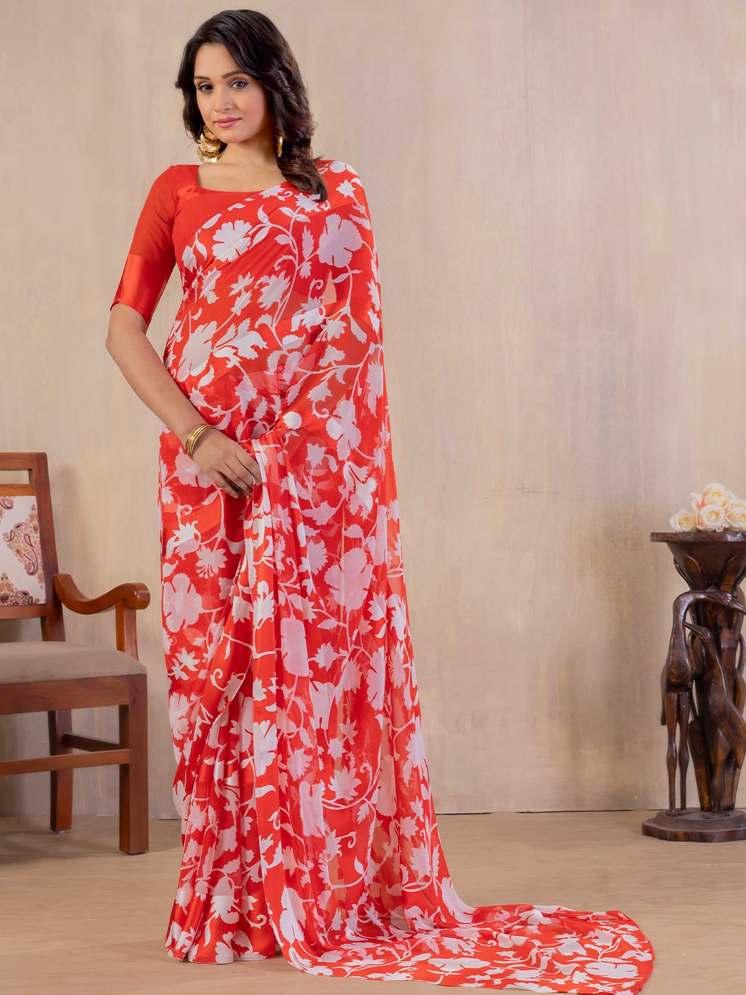 

Rhey Women Floral Printed Saree With Blouse Piece, Orange