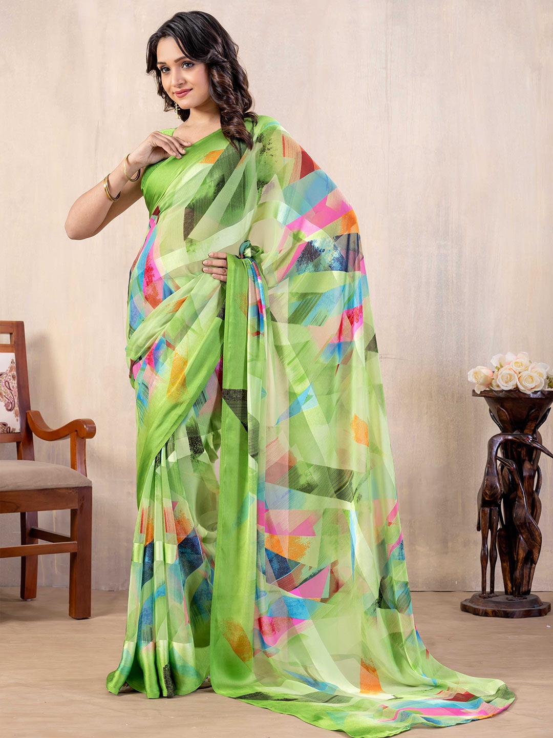 

Rhey Printed Fusion Daily Wear Saree, Green