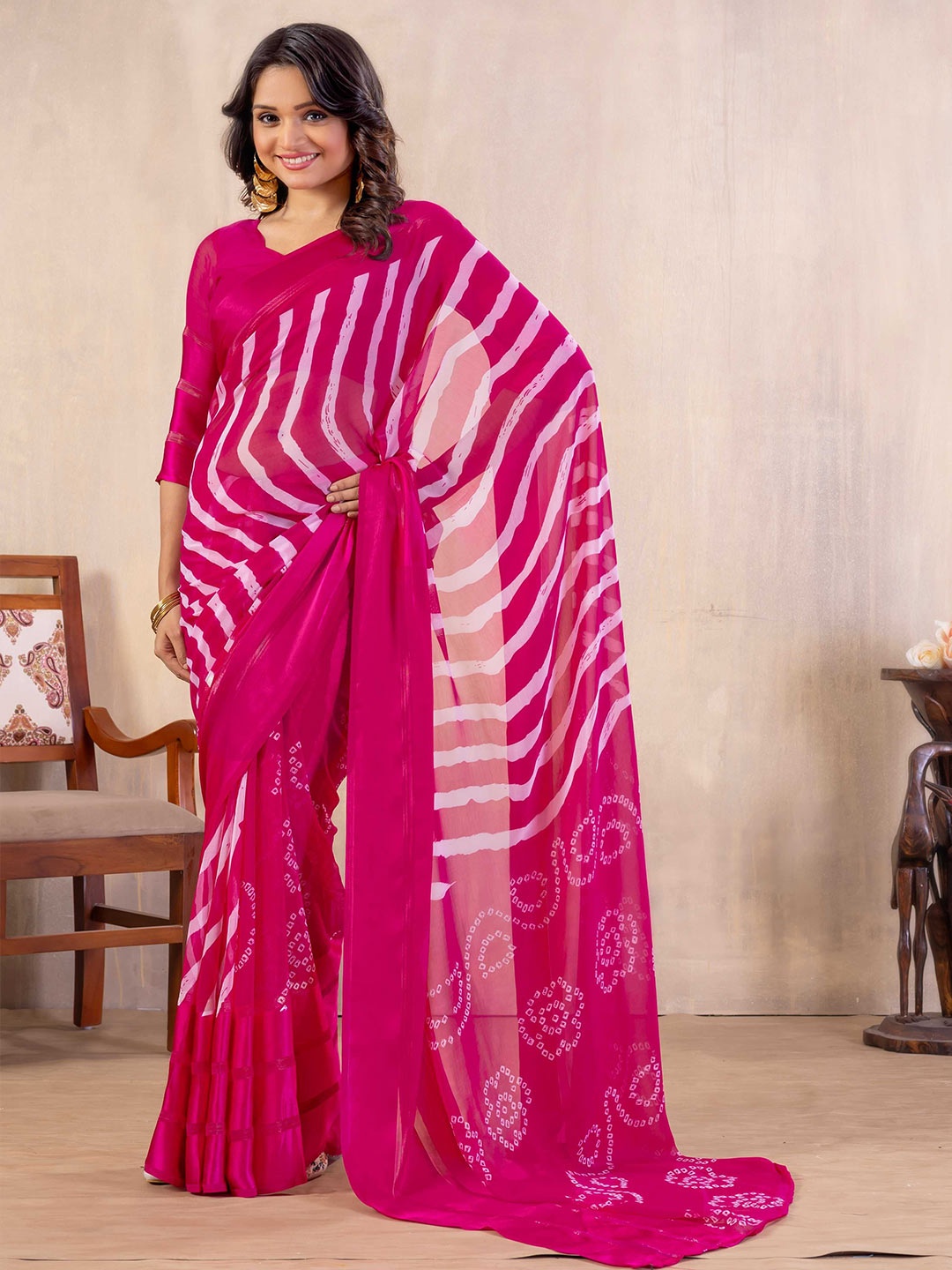 Rhey Striped Saree, Magenta
