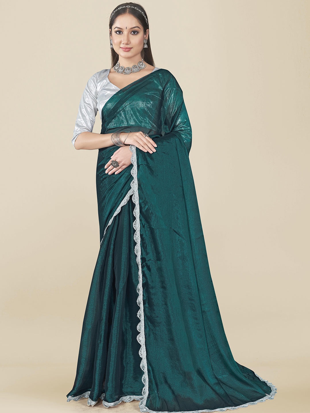 

Rhey Chiffon Saree with Lace Border, Green