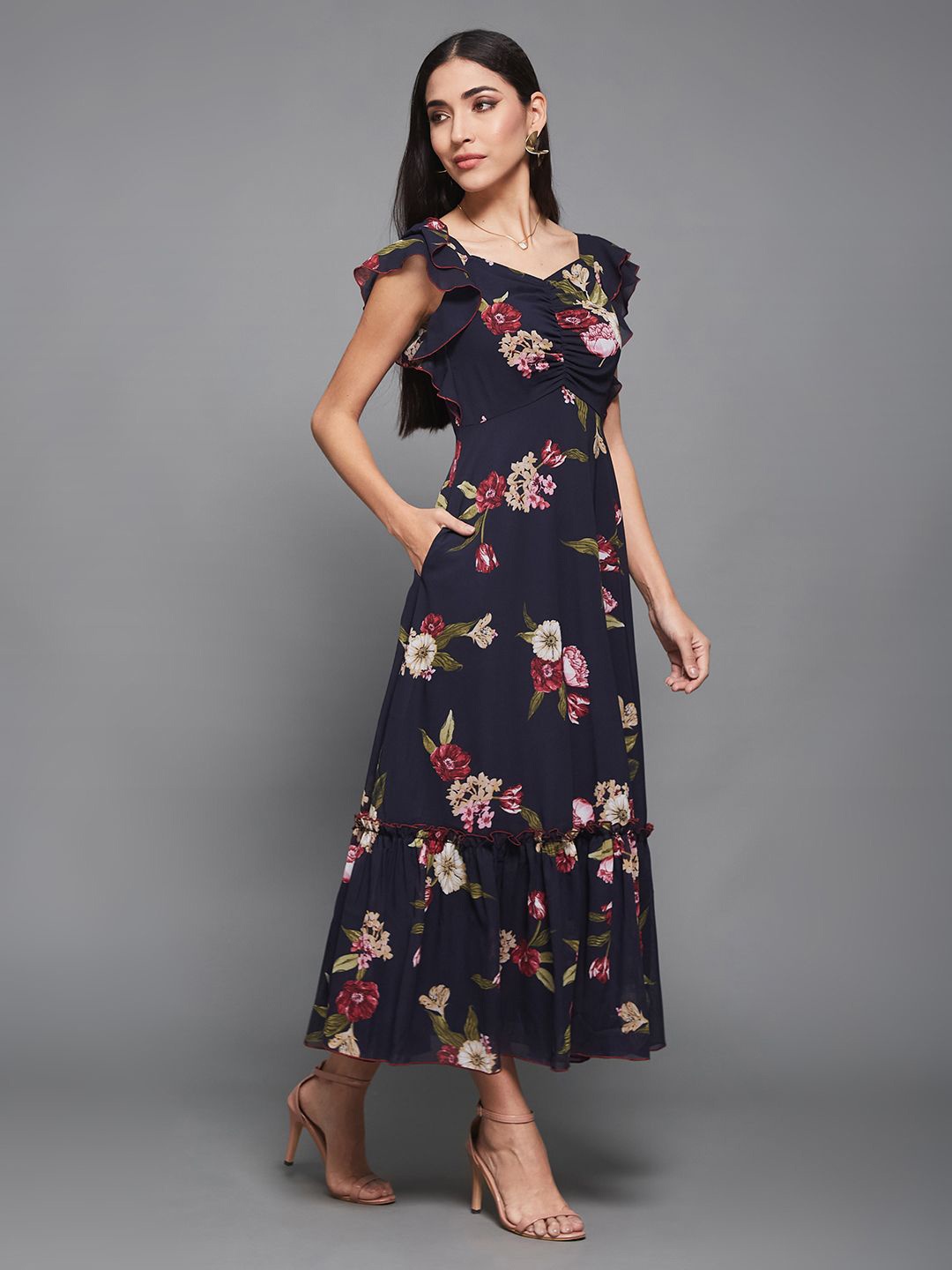 Miss Chase Women Floral Printed Fit and Flare Maxi Dress, Navy blue