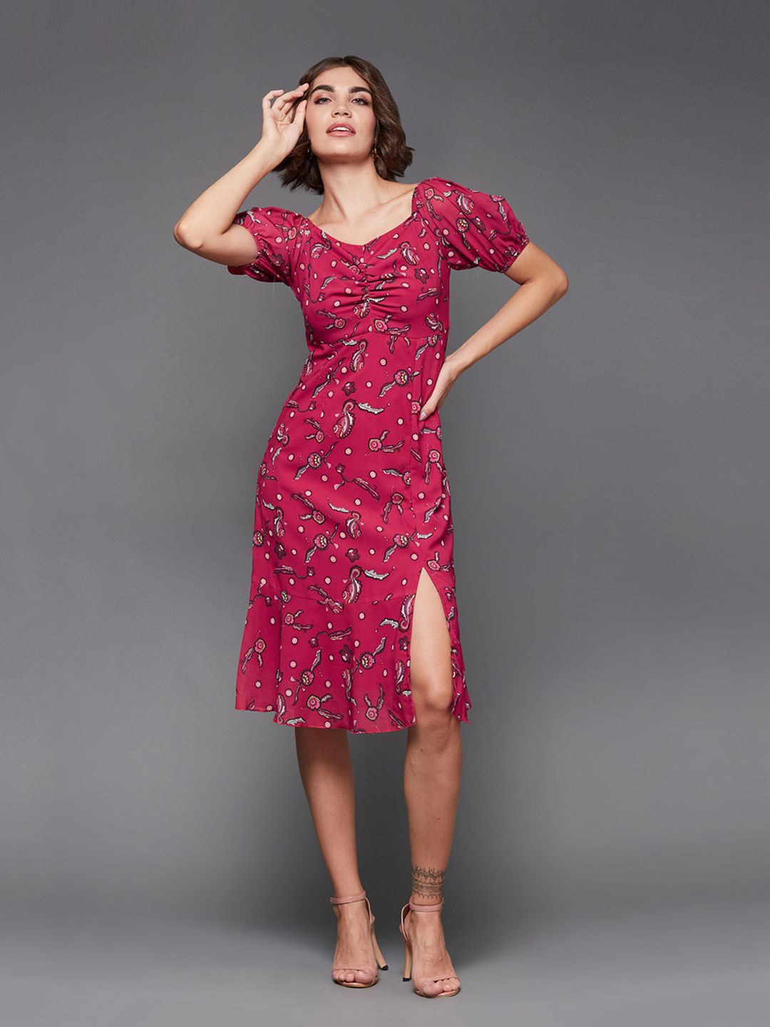 

Miss Chase Women Floral Printed Georgette Fit & Flare Midi Dress, Pink