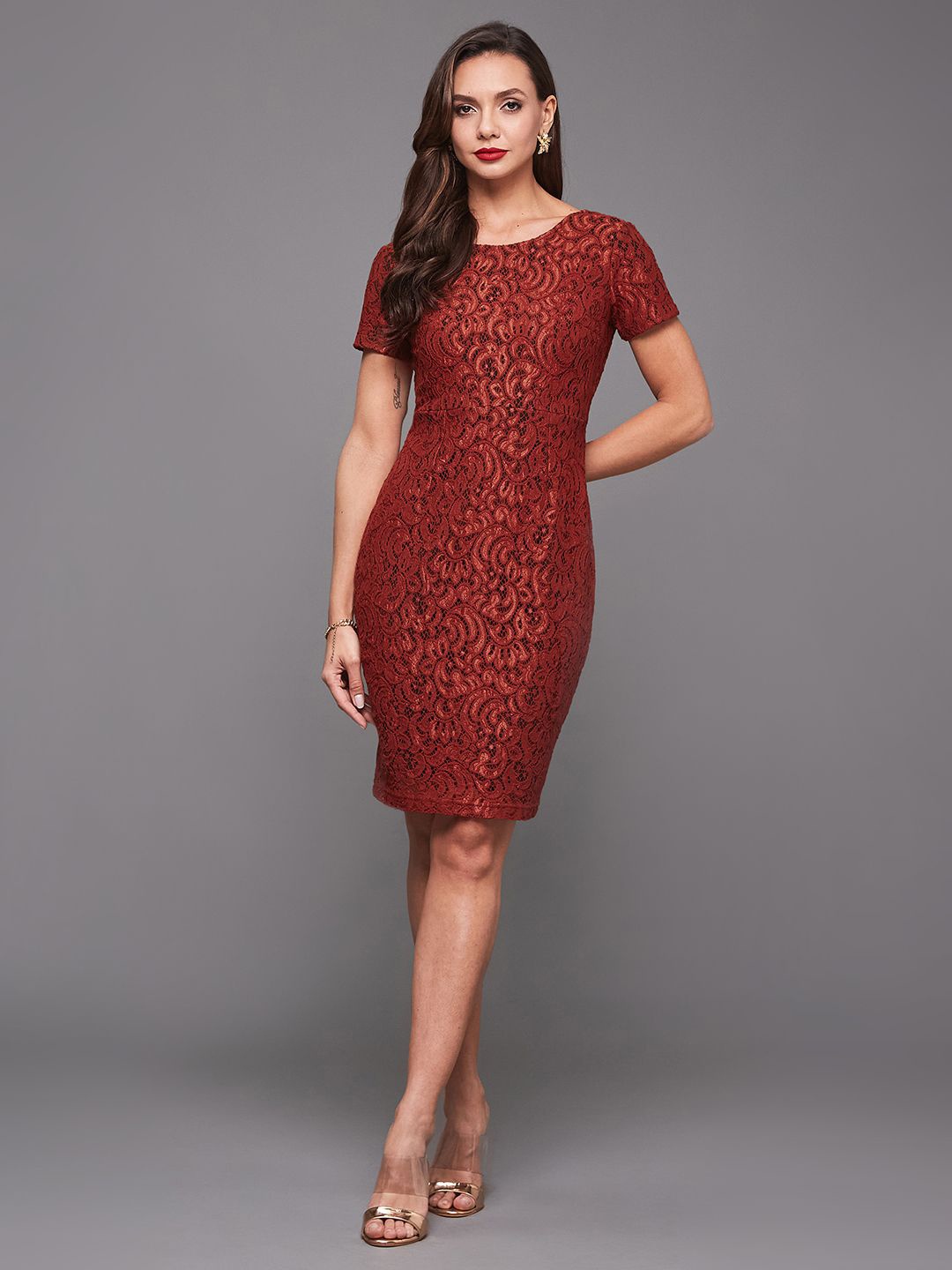 

Miss Chase Round Neck Short Sleeves Lace Sheath Dress, Brown