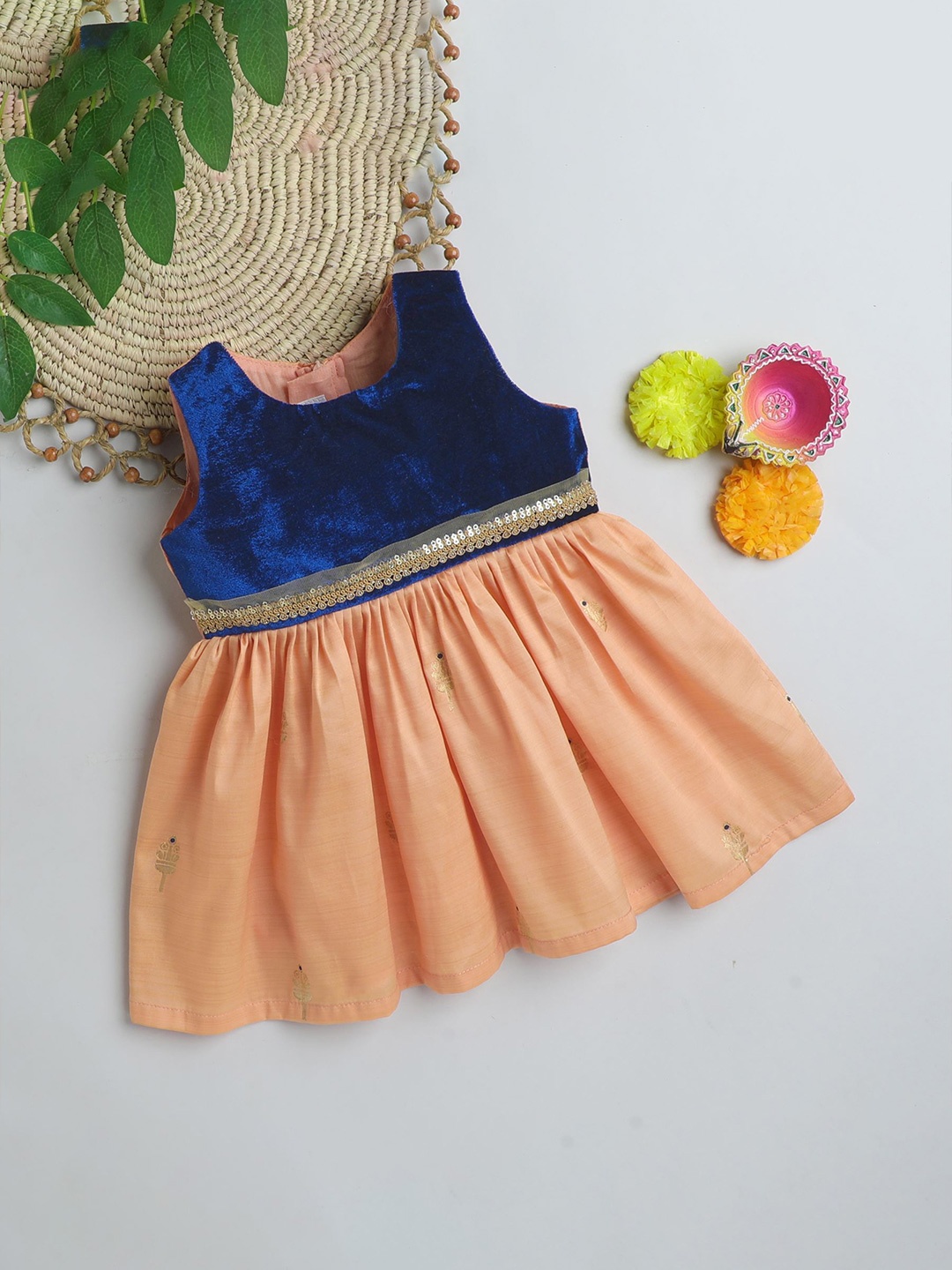 

MANY FROCKS & Girls Colourblocked Velvet Fit & Flare Dress, Blue
