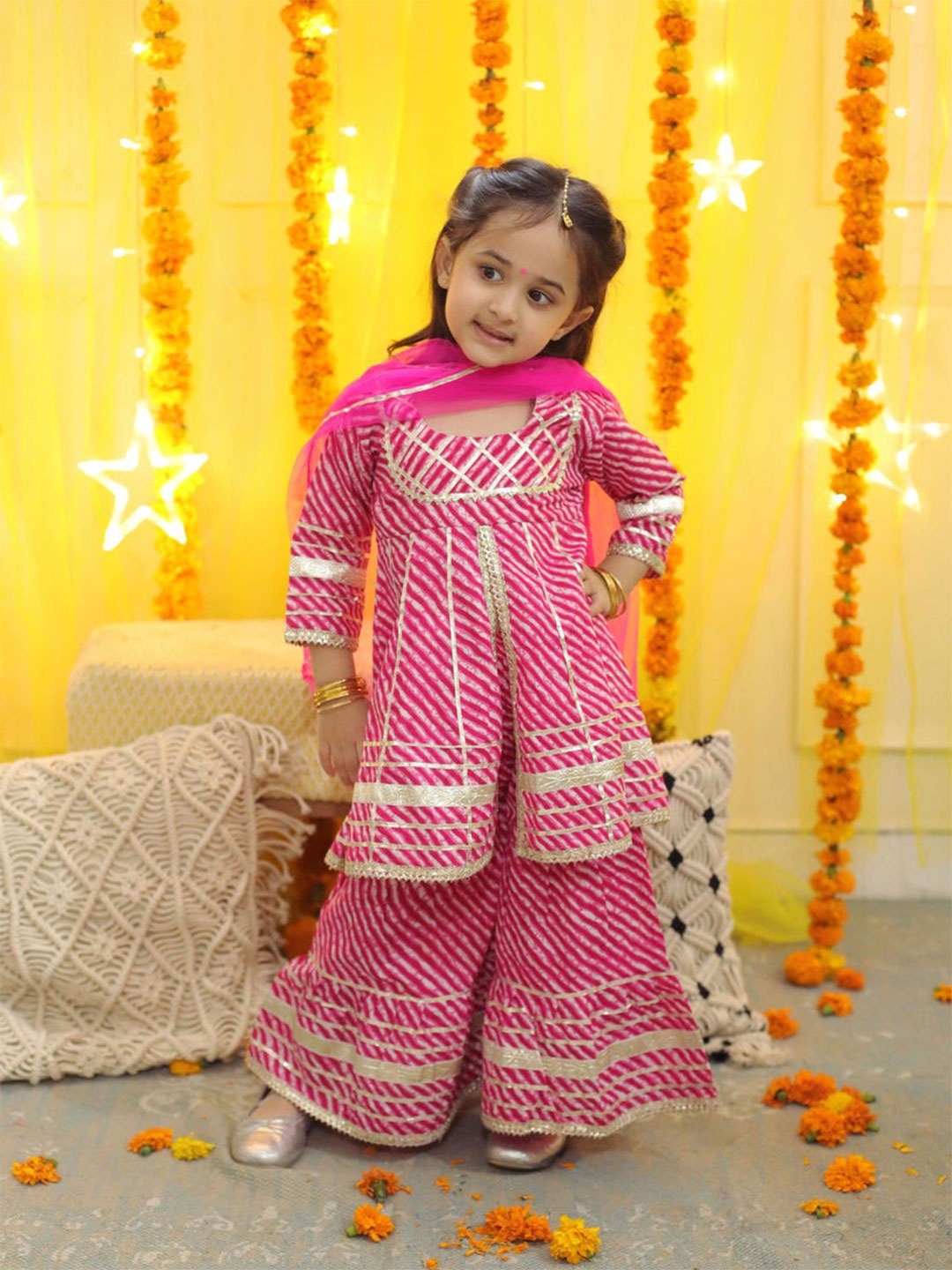 

Little Zing Girls Leheriya Printed Pure Cotton Gotta Patti Kurta With Sharara And Dupatta, Pink