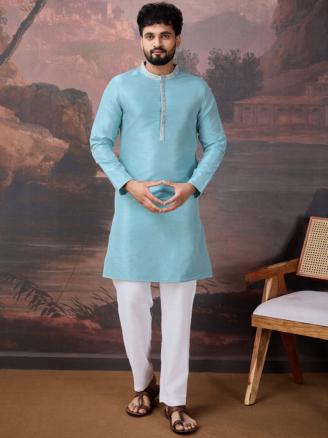 

House of Pataudi Mandarin Collar Mirror Work Jacquard Straight Kurta, Blue