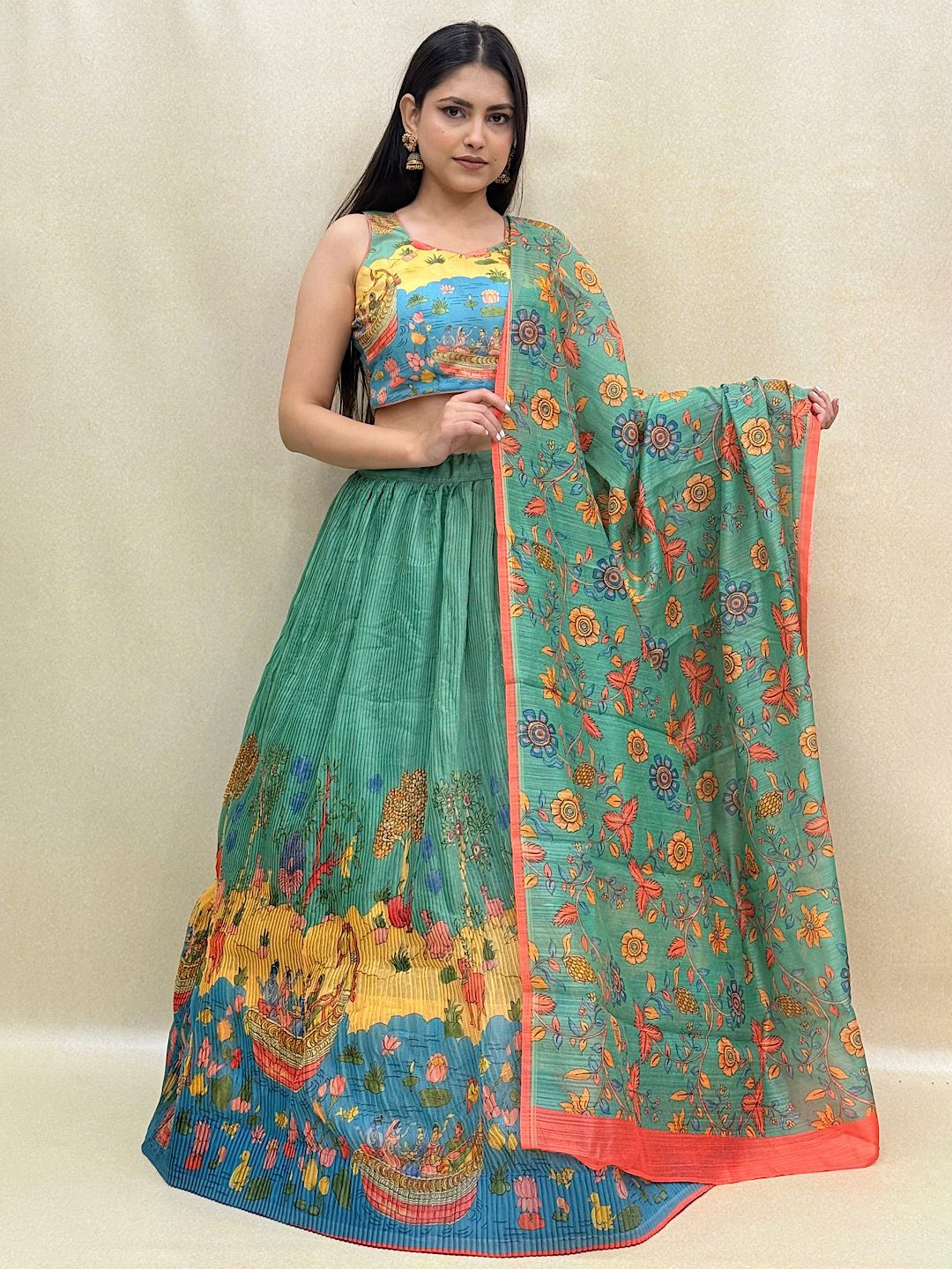 

KUNDAN FAB Ethnic Motifs Printed Ready to Wear Lehenga & Blouse With Dupatta, Green