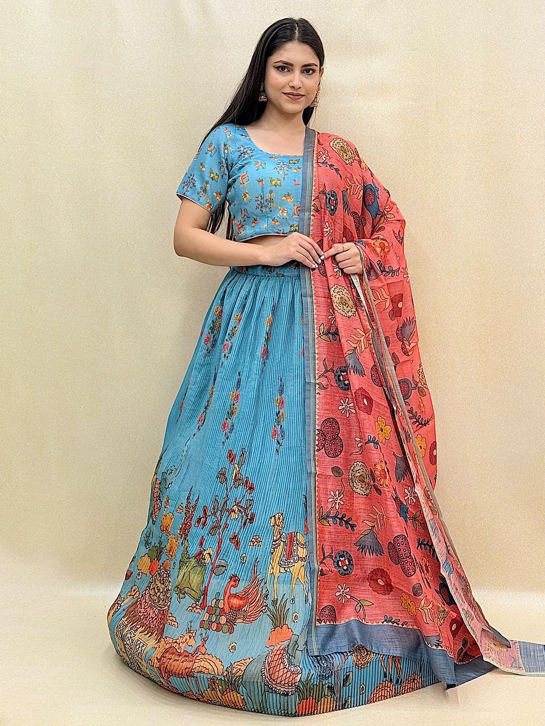 

KUNDAN FAB Ethnic Motifs Printed Ready to Wear Lehenga & Blouse With Dupatta, Blue