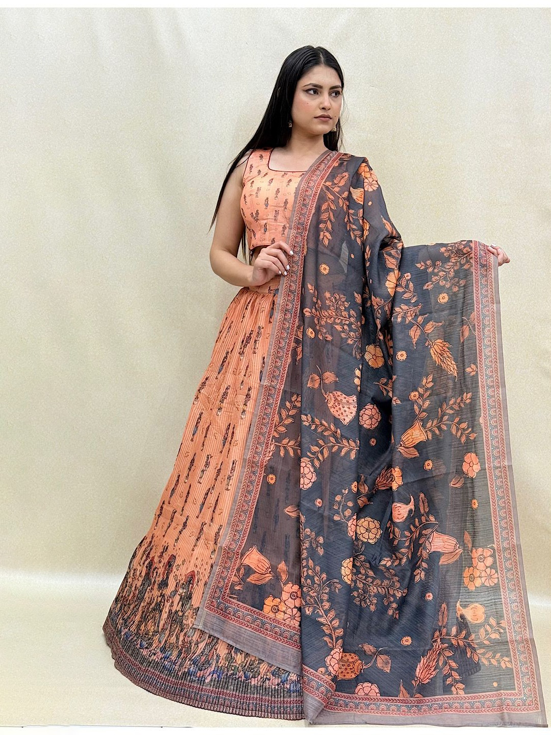 

KUNDAN FAB Ethnic Motifs Printed Ready to Wear Lehenga & Blouse With Dupatta, Peach