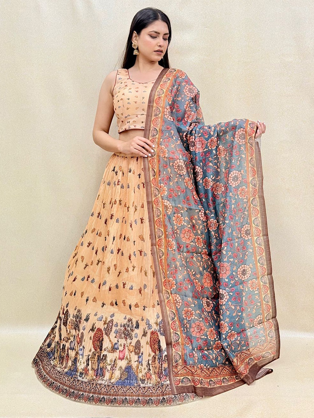 

KUNDAN FAB Ethnic Motifs Printed Ready to Wear Lehenga & Blouse With Dupatta, Cream