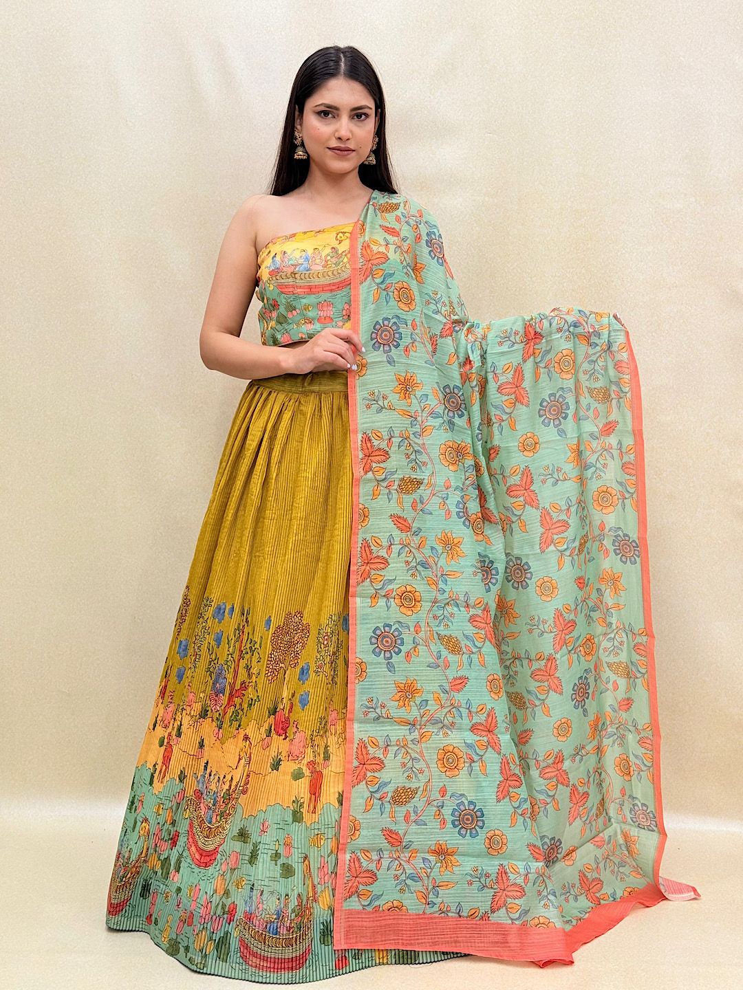 

KUNDAN FAB Ethnic Motifs Printed Ready to Wear Lehenga & Blouse With Dupatta, Mustard