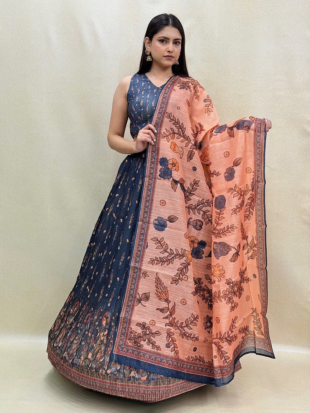

KUNDAN FAB Ethnic Motifs Printed Ready to Wear Lehenga & Blouse With Dupatta, Blue
