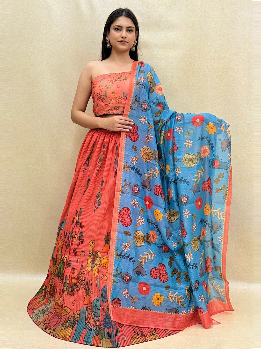

KUNDAN FAB Ethnic Motifs Printed Ready to Wear Lehenga & Blouse With Dupatta, Peach