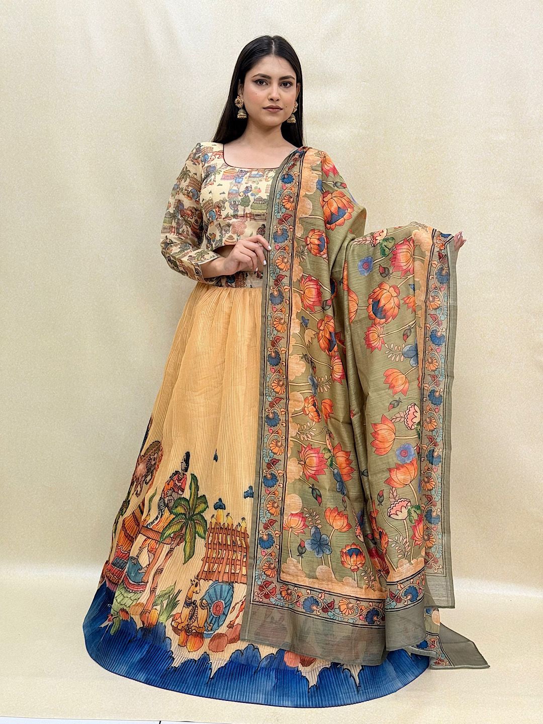 

KUNDAN FAB Printed Ready to Wear Lehenga & Blouse With Dupatta, Cream