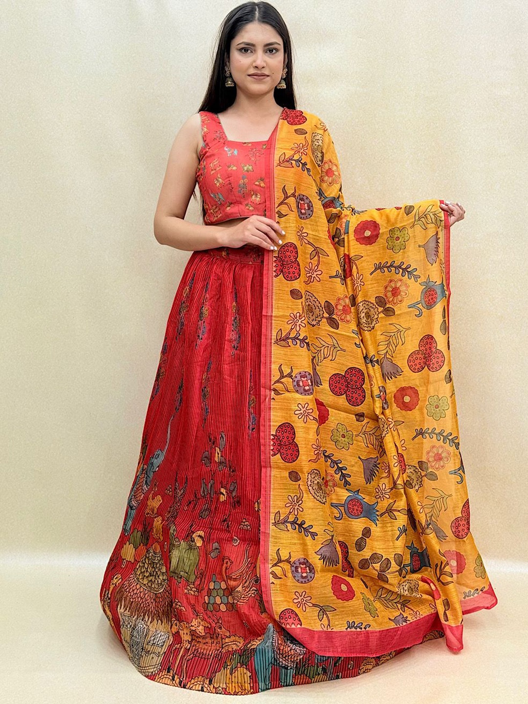 

KUNDAN FAB Printed Ready to Wear Lehenga & Blouse With Dupatta, Red