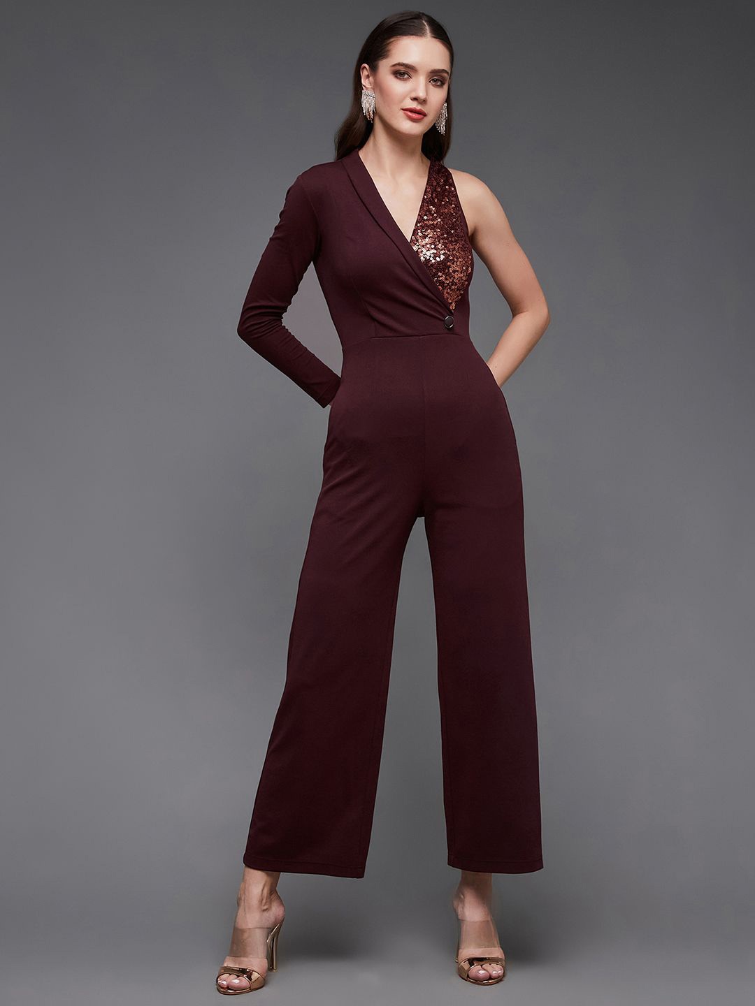 

Miss Chase Women One Shoulder Basic Jumpsuit, Maroon