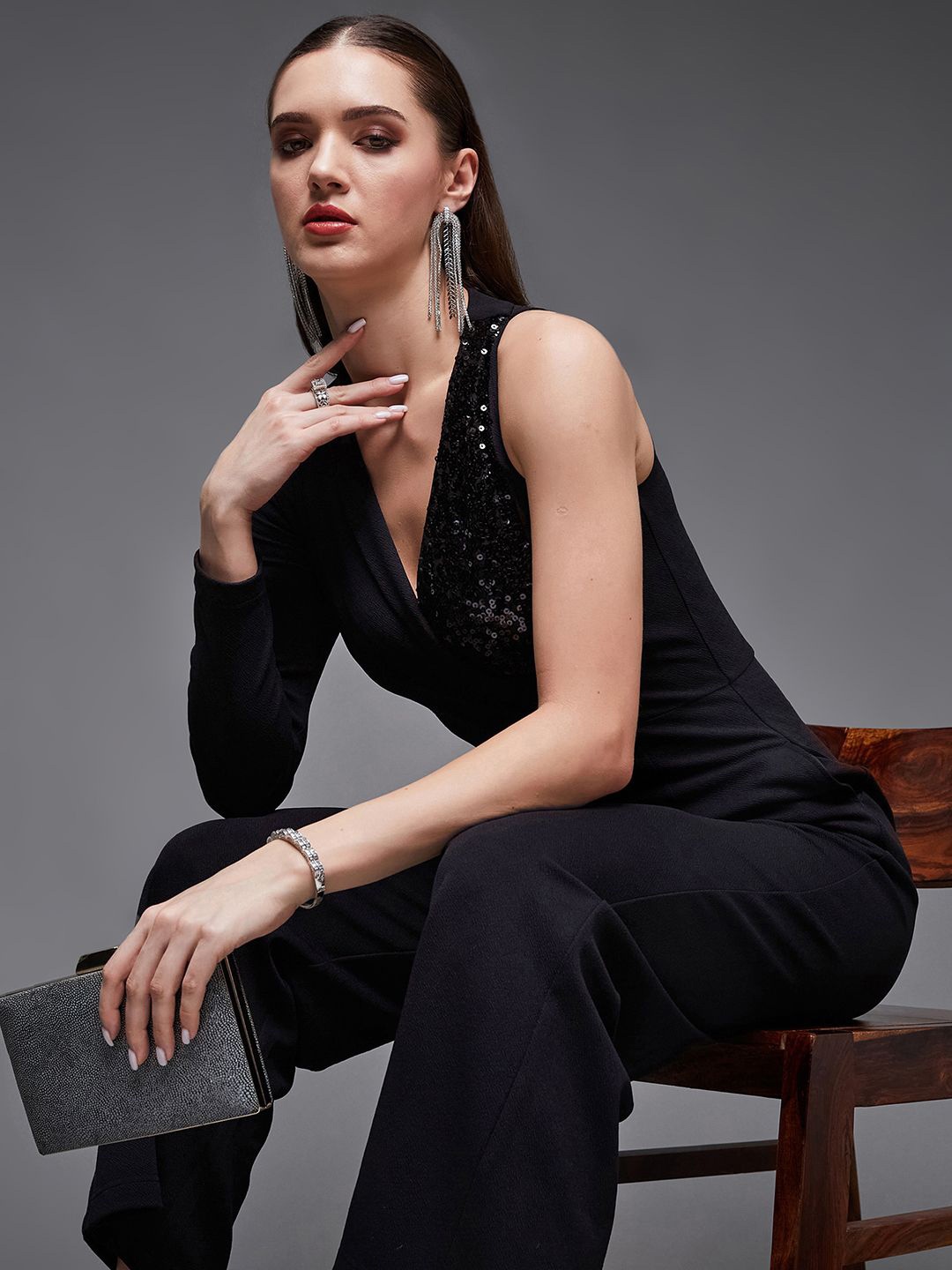 

Miss Chase Women Self Design One Sleeved Basic Jumpsuit, Black