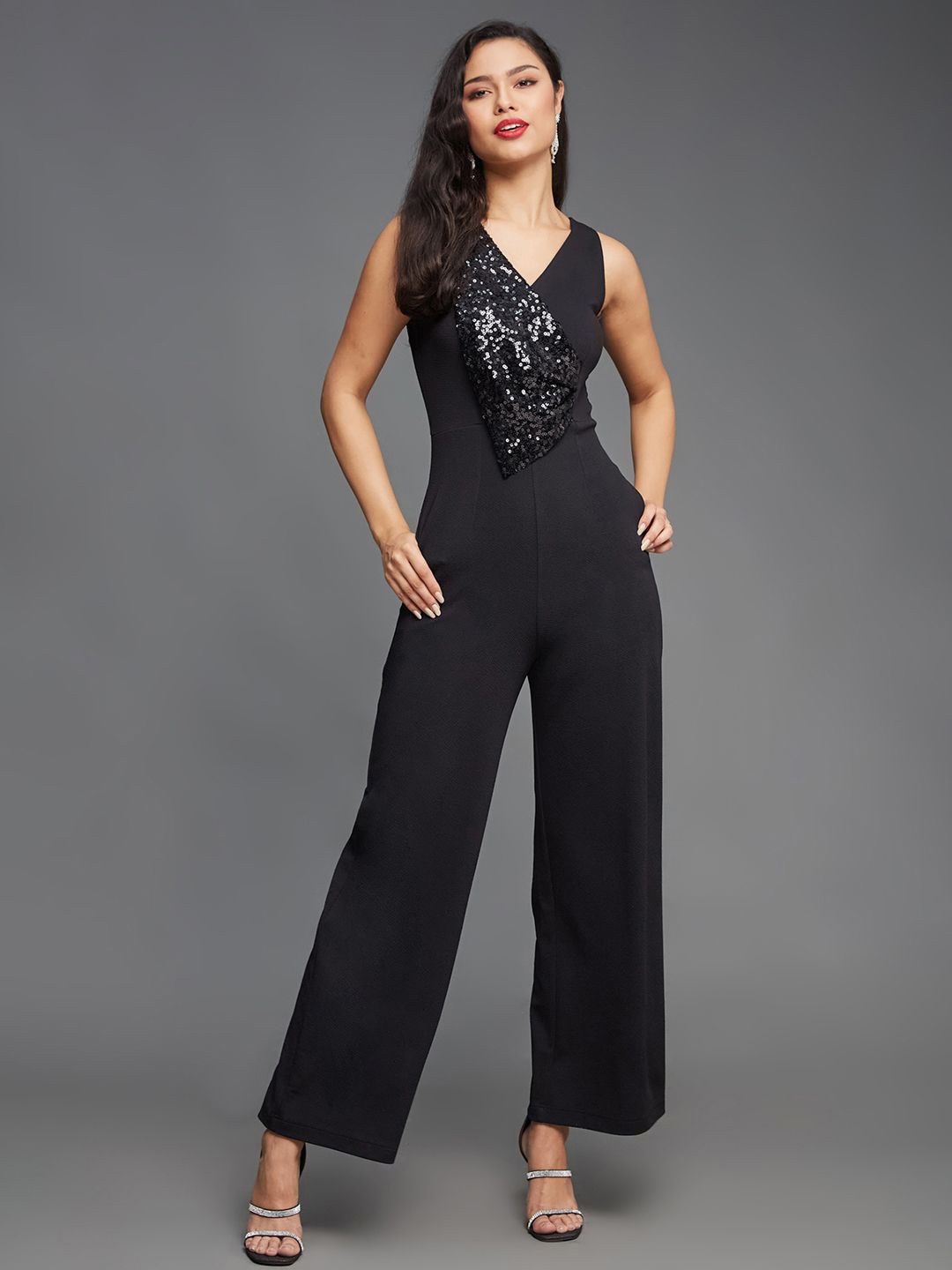 

Miss Chase Women Sequined Basic Jumpsuit, Black