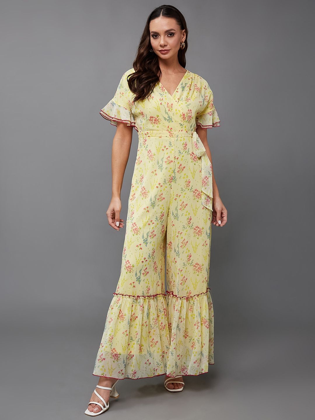 

Miss Chase Women Floral Printed V-Neck Basic Jumpsuit, Yellow