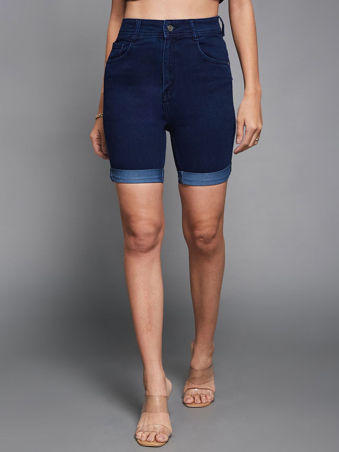 

Miss Chase Women Skinny Fit High-Rise Denim Shorts, Navy blue