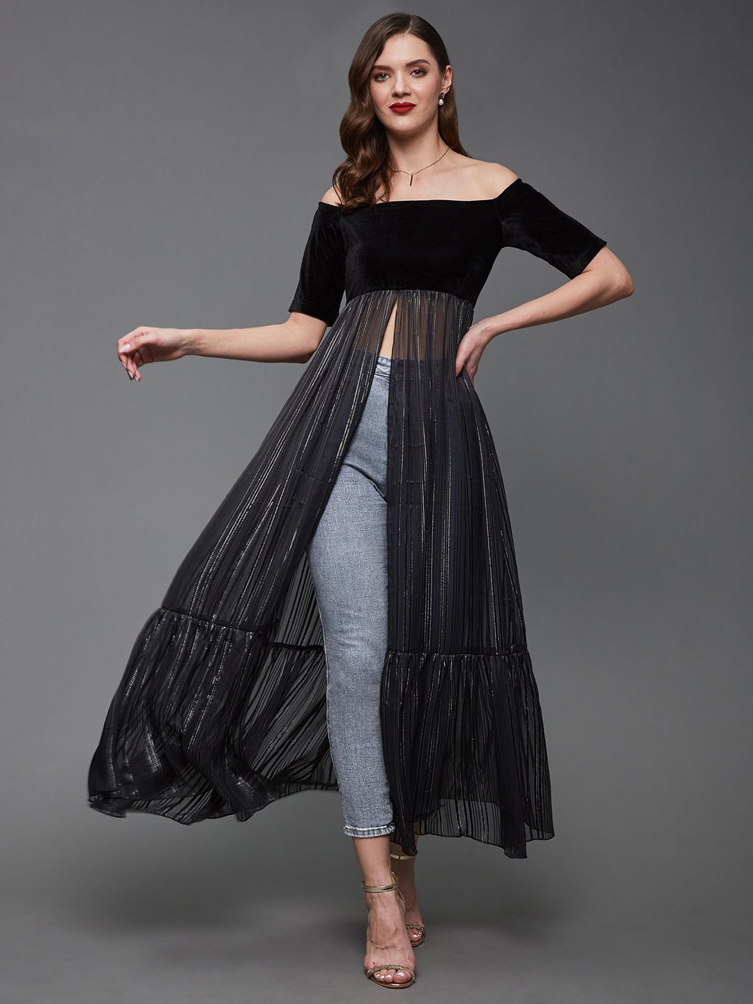 

Miss Chase Women Striped Bardot Longline Top, Black