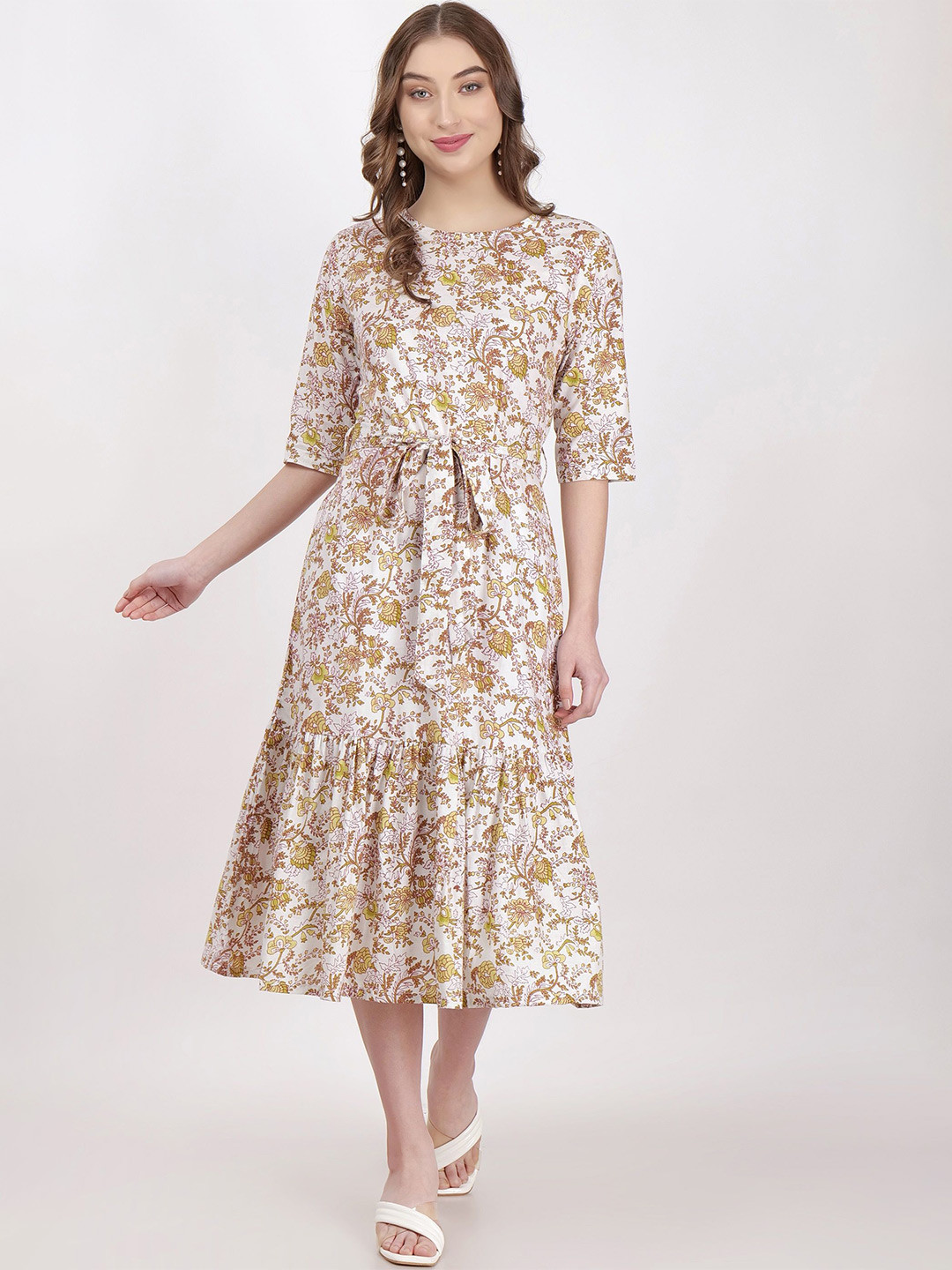 

Jivitha Women Floral Printed Cotton Fit & Flare Midi Dress, White