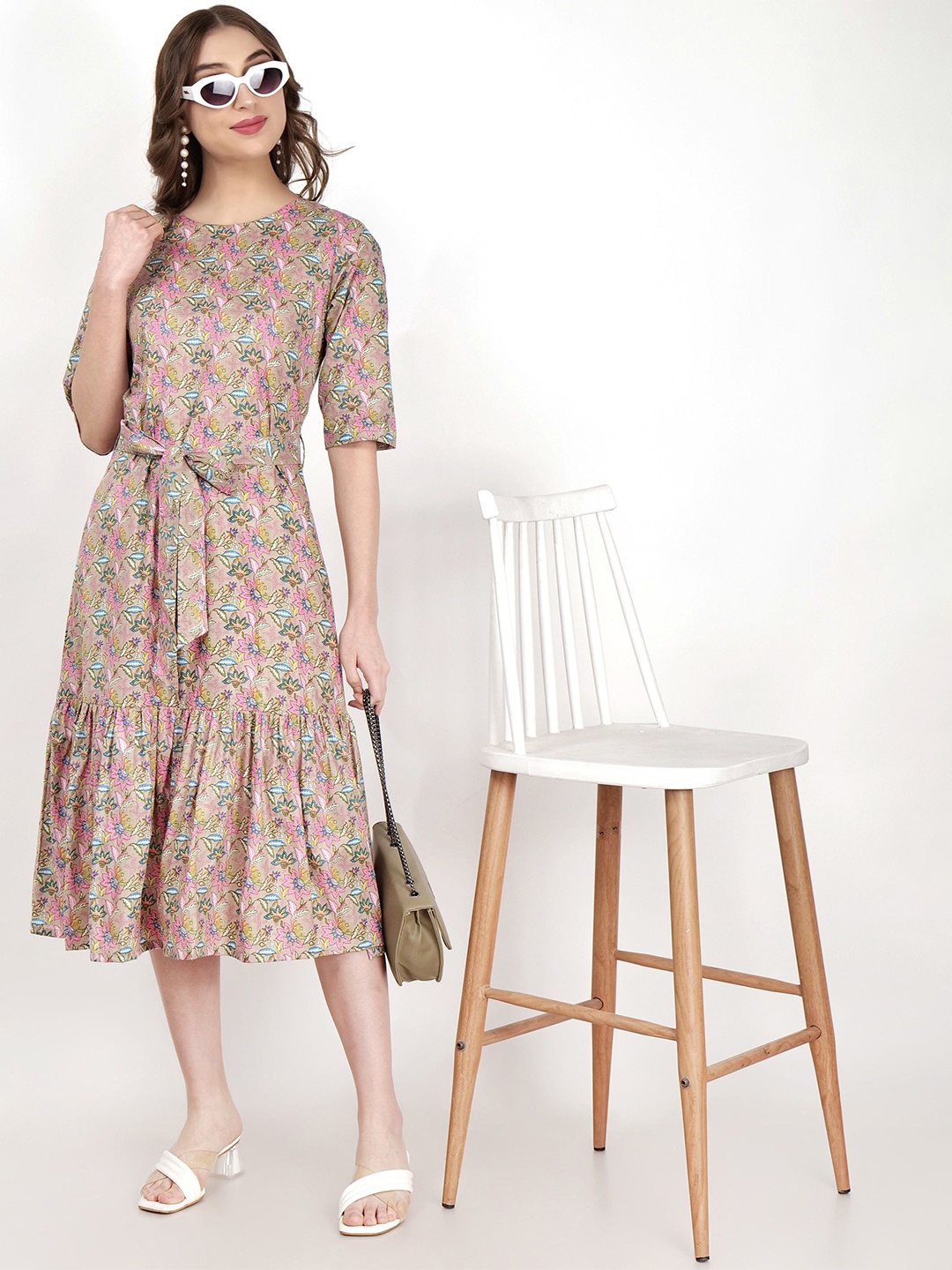 

Jivitha Women Floral Printed Cotton A-Line Midi Dress With Belt, Grey