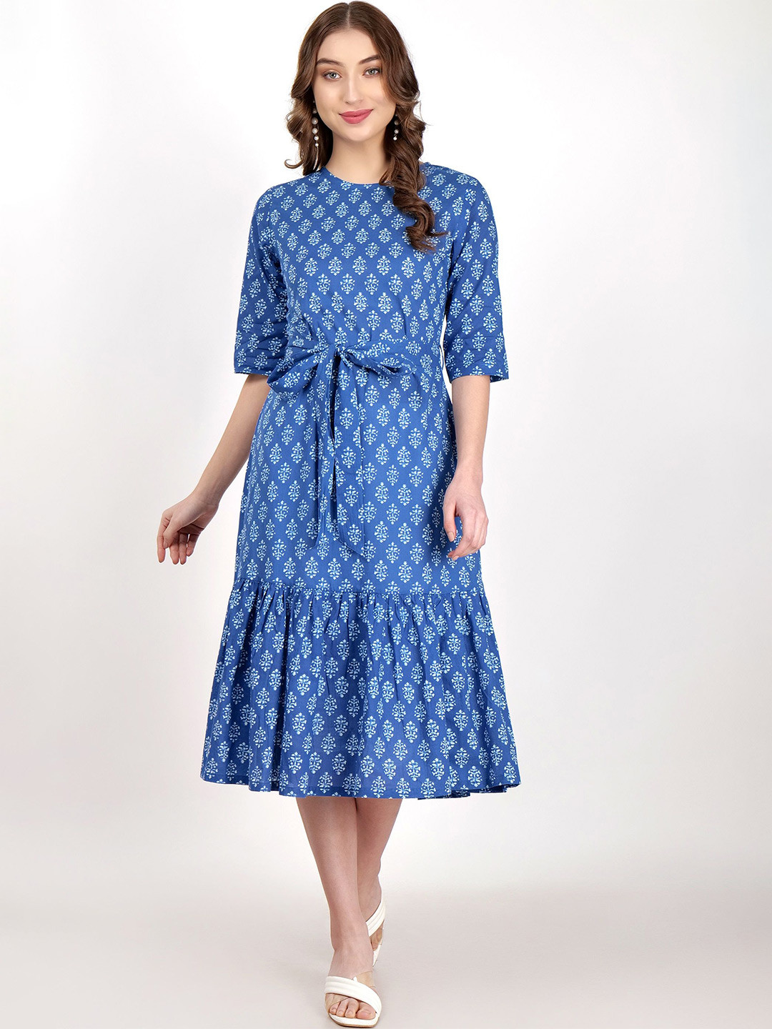 

Jivitha Ethnic Motifs Printed Cotton Drop-Waist Dress, Blue