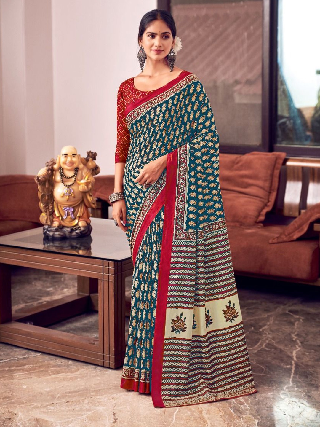 

Anouk Ethnic Motifs Pure Cotton Bagru Saree, Teal