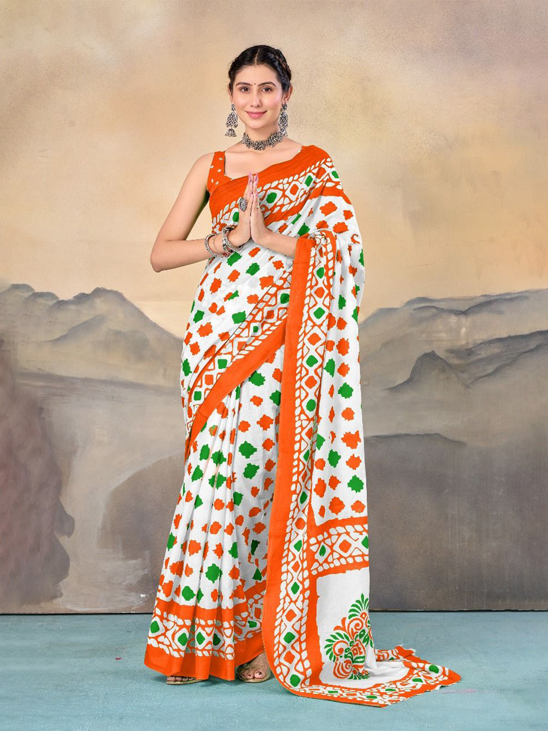 

Anouk Ethnic Motifs Pure Cotton Block Print Saree, Orange