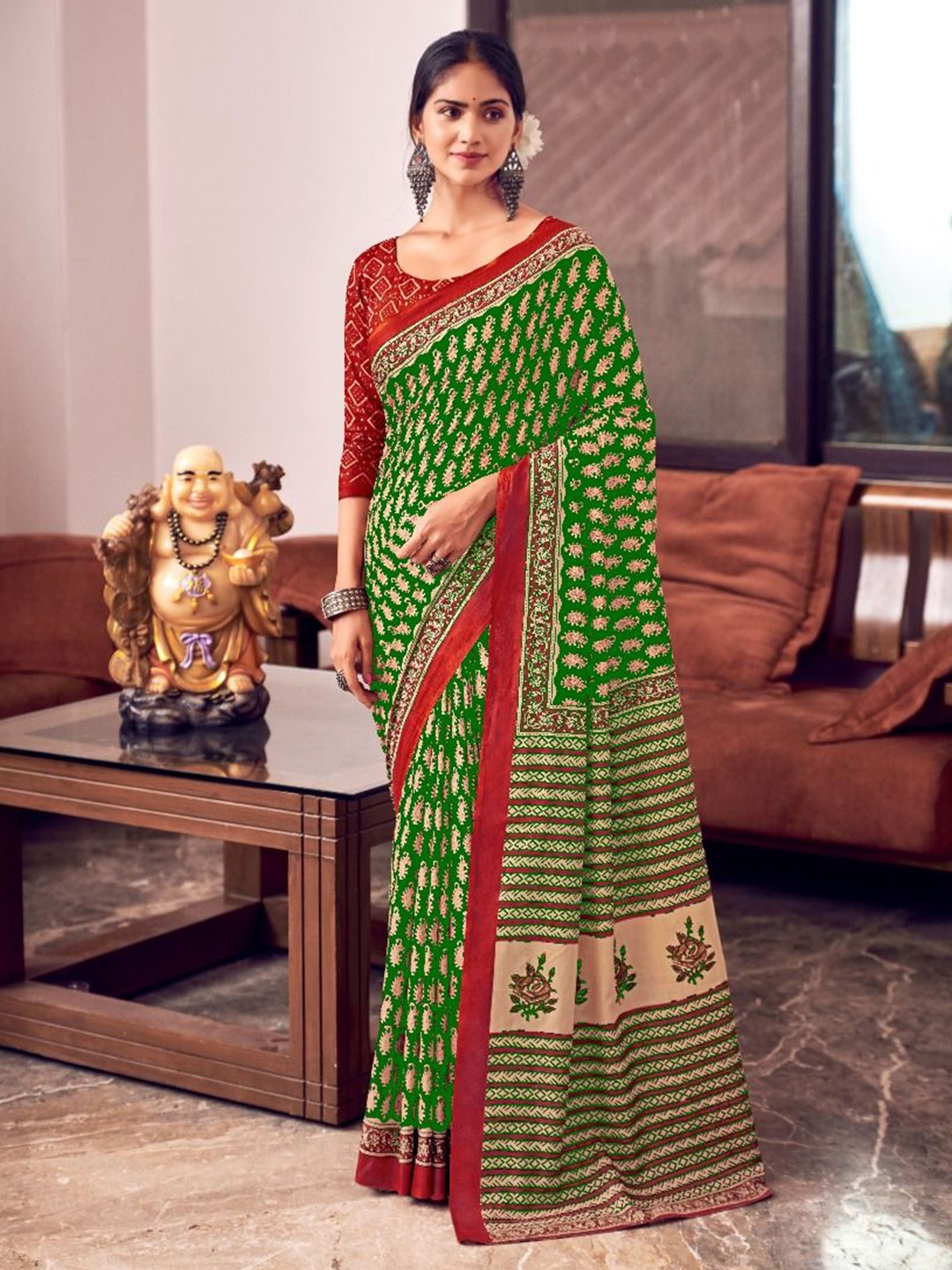 

Anouk Ethnic Motifs Printed Pure Cotton Bagru Saree, Green