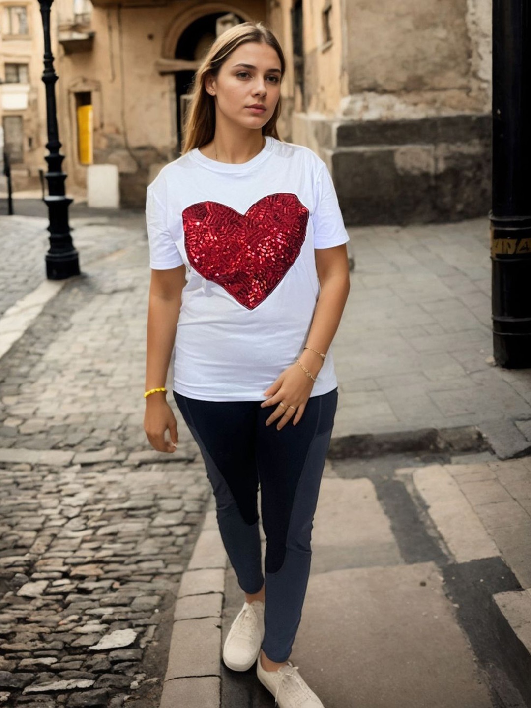

Bucciato Private Limited Heart Love Sequined Cotton Top, White