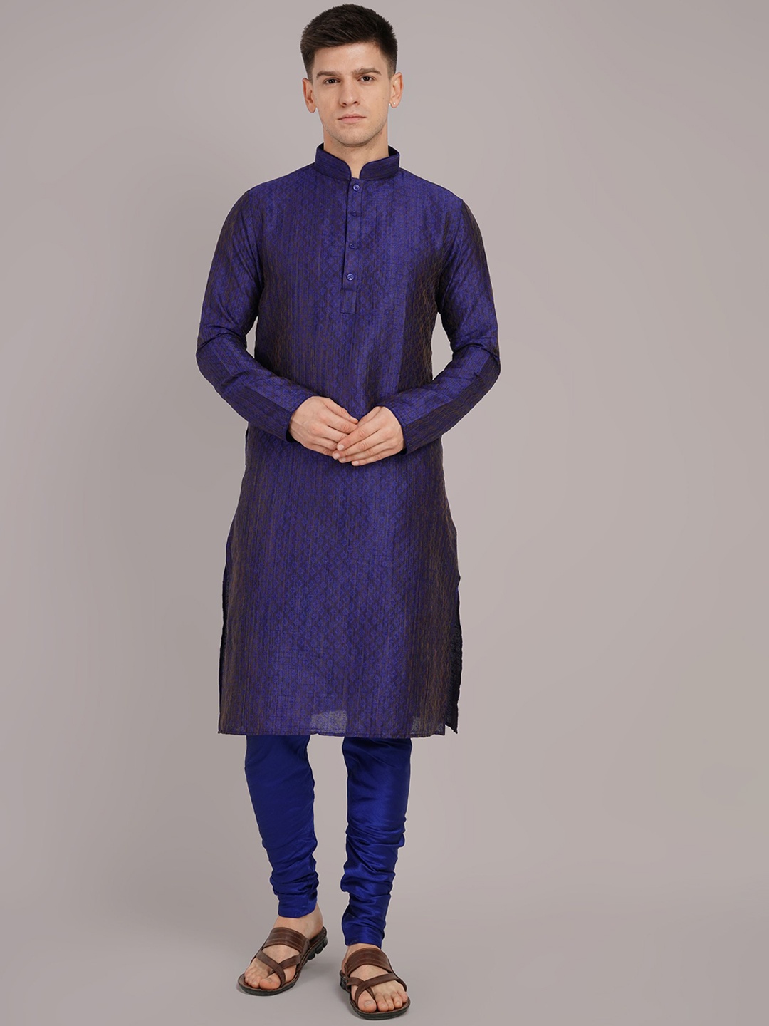 

Larwa Ethnic Motifs Woven Design Mandarin Collar Jacquard Weave Kurta With Pyjamas, Blue