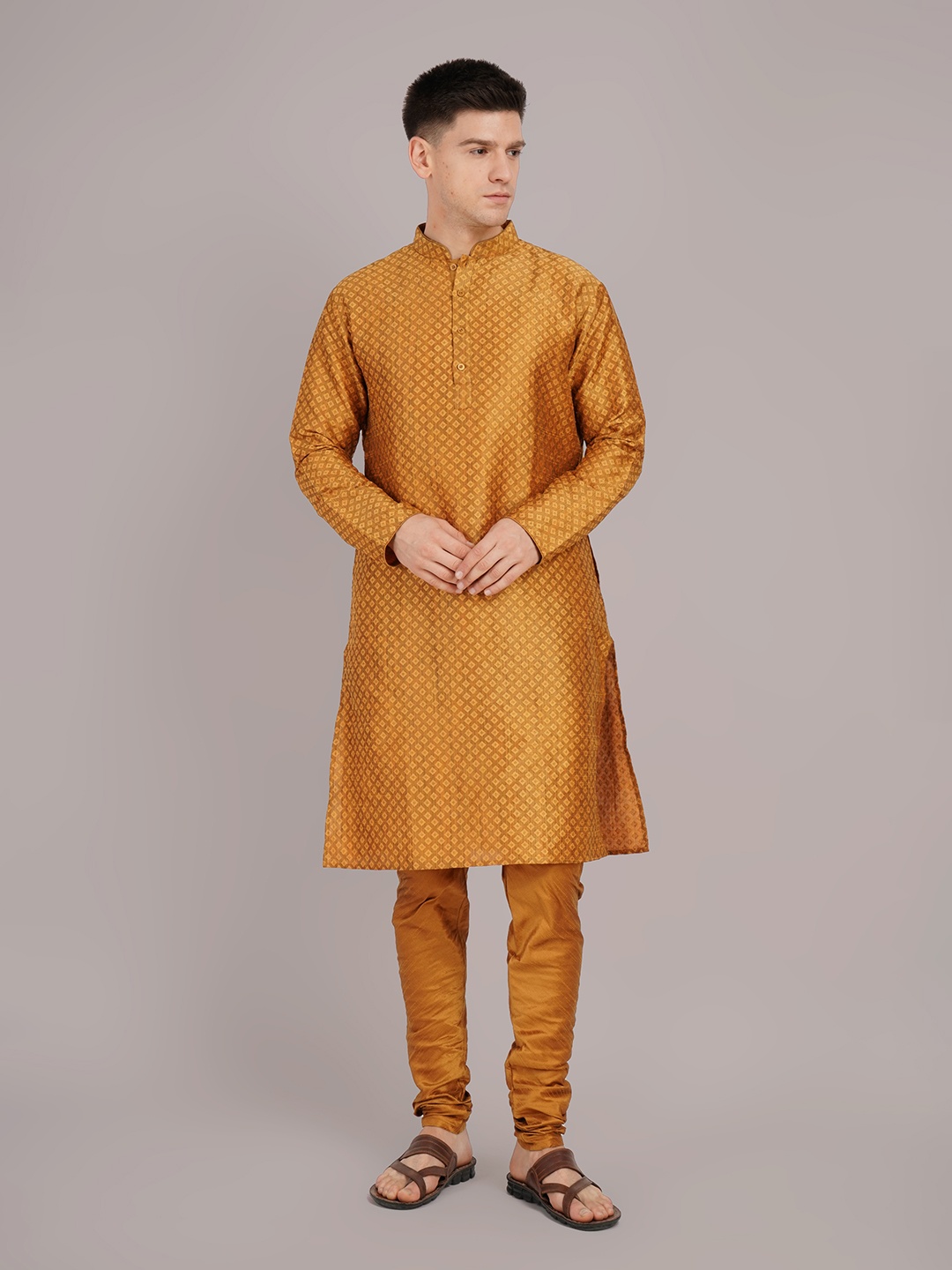 

Larwa Ethnic Motifs Woven Design Mandarin Collar Jacquard Weave Kurta With Pyjamas, Mustard