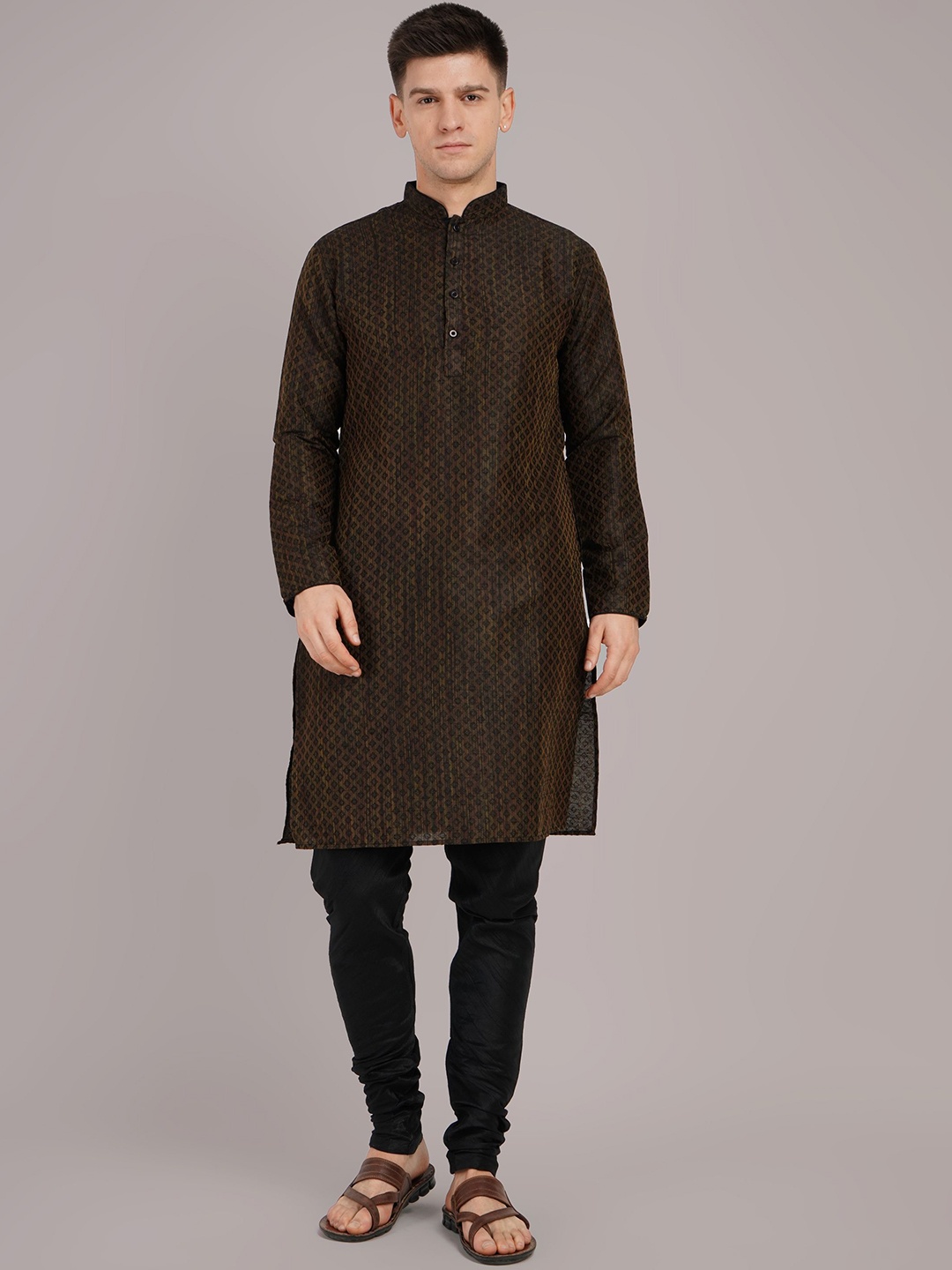 Larwa Ethnic Motifs Woven Design Mandarin Collar Jacquard Weave Kurta With Pyjamas, Black