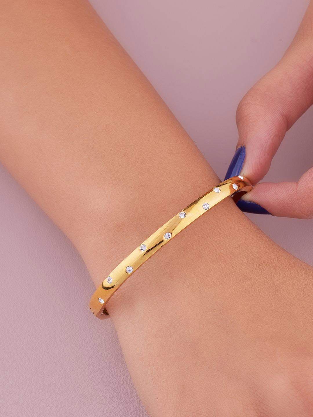 

ANJNI CREATION Gold-Plated AD Studded Stainless Steel Tarnish-Free Stake Kada Bracelet